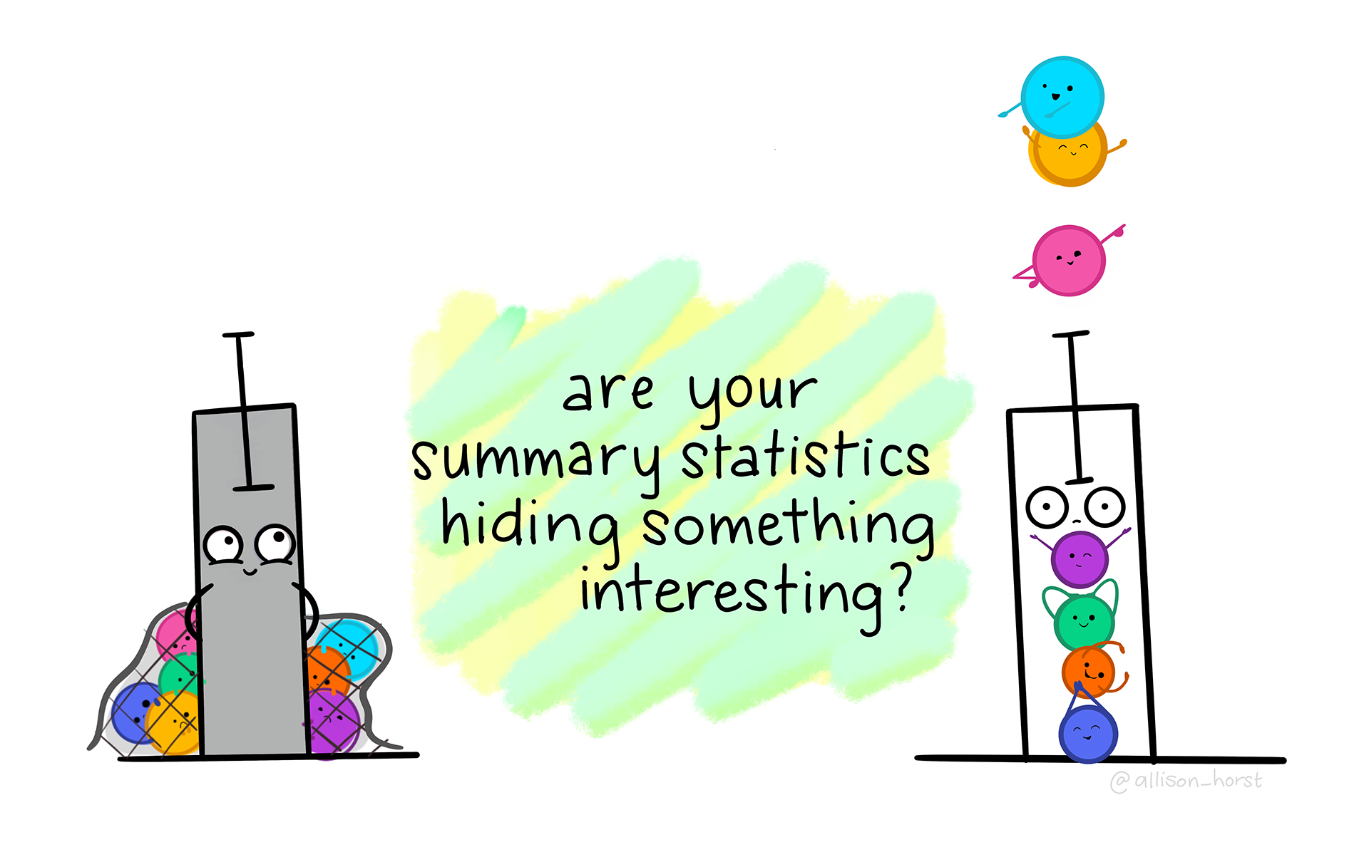 Main text: "Are your summary statistics hiding something?" On the left is a opaque gray bar plot with an error bar, looking mischievous while hiding individual data points in a net behind it. On the right is a transparent bar plot with an error bar, looking exposed, with individual data points exposed and dancing. The bottom four data points have arms that spell "YMCA" as if dancing to the Village People.