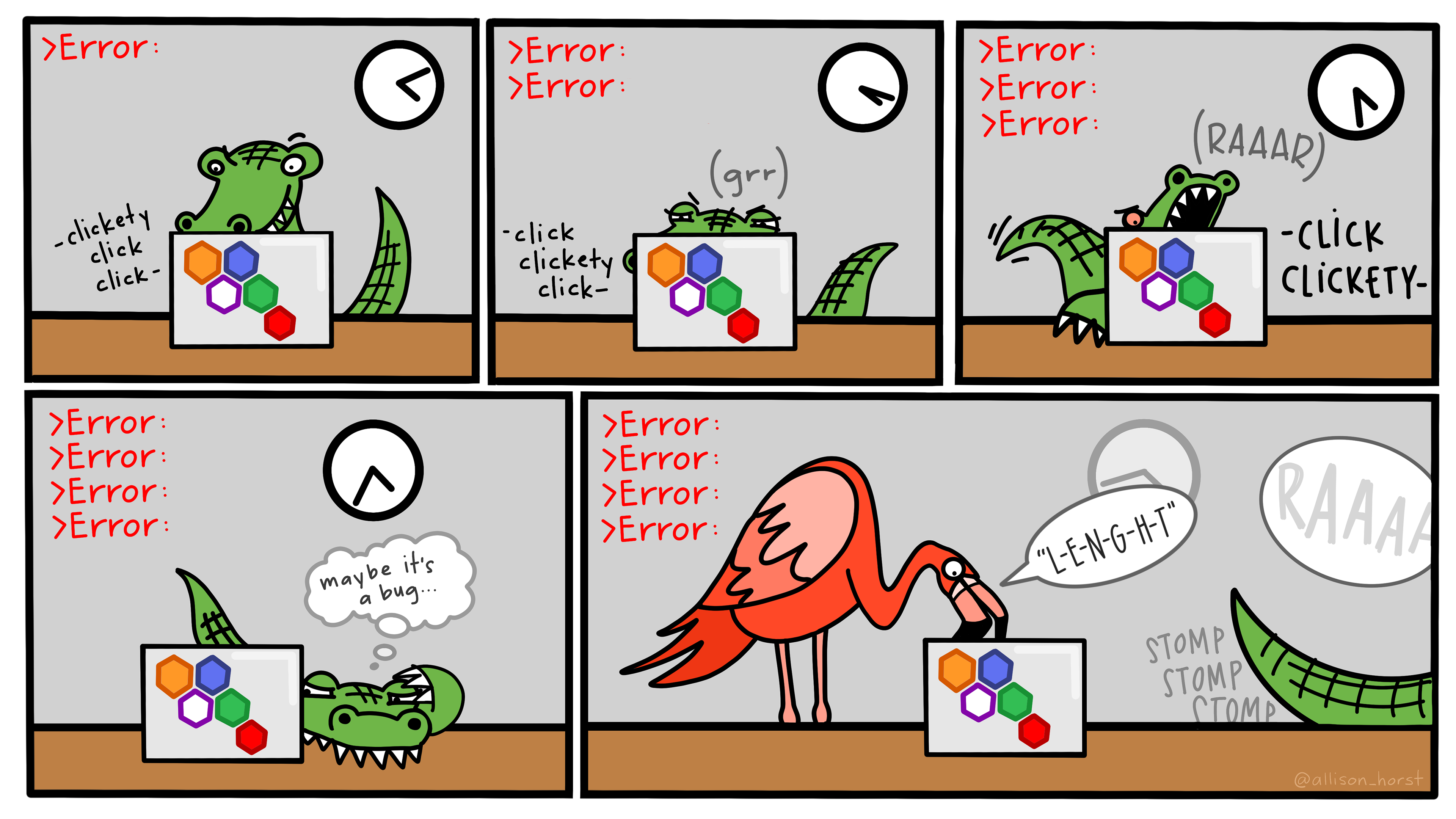 Comic panels of an alligator trying to debug some code. First panel: A confident looking alligator gets an error message. Second panel: a few minutes later, the error remains and the alligator is looking carefully at their code. Third panel: 10 minutes after that, the error remains and the alligator is giving a frustrated 