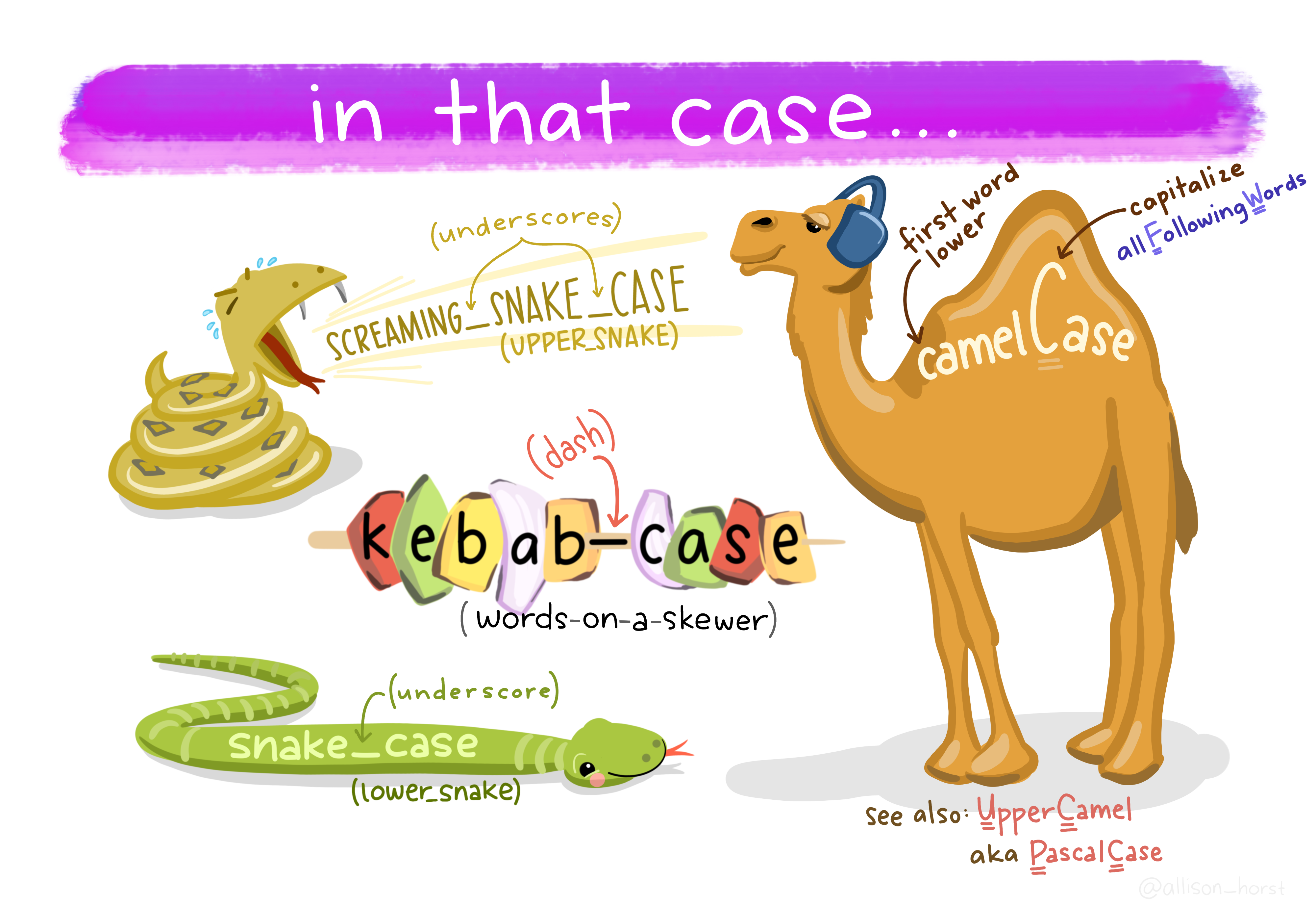 Image includes a snake at top left with upper snake coming out of its mouth (all caps with underscores between words), a kebab showing kebab-case in the middle, a snake showing snake_case at bottom left, and a camel at right demonstrating camelCase