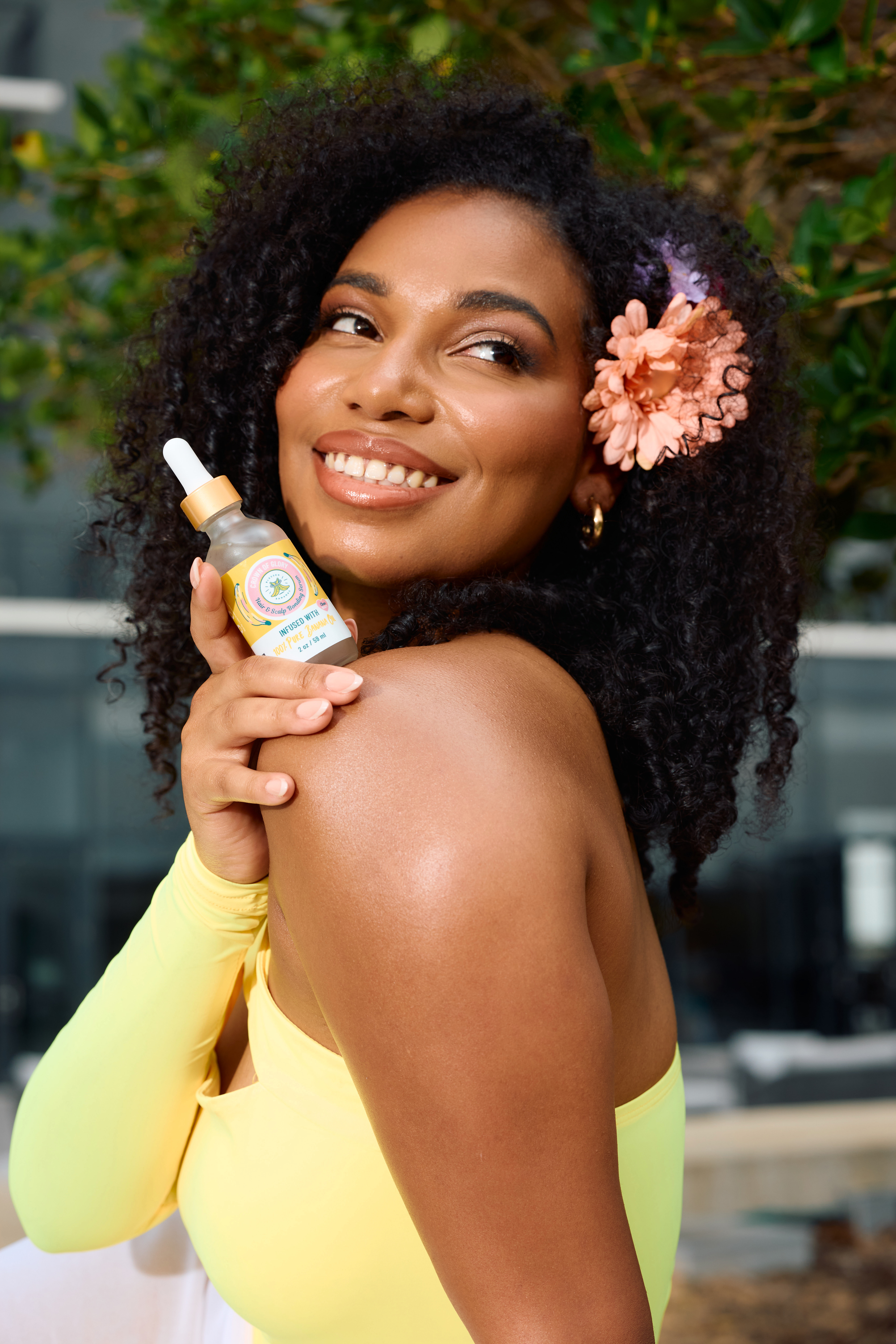 Beauty product portrait photography featuring Blessed Bananas hair oil.