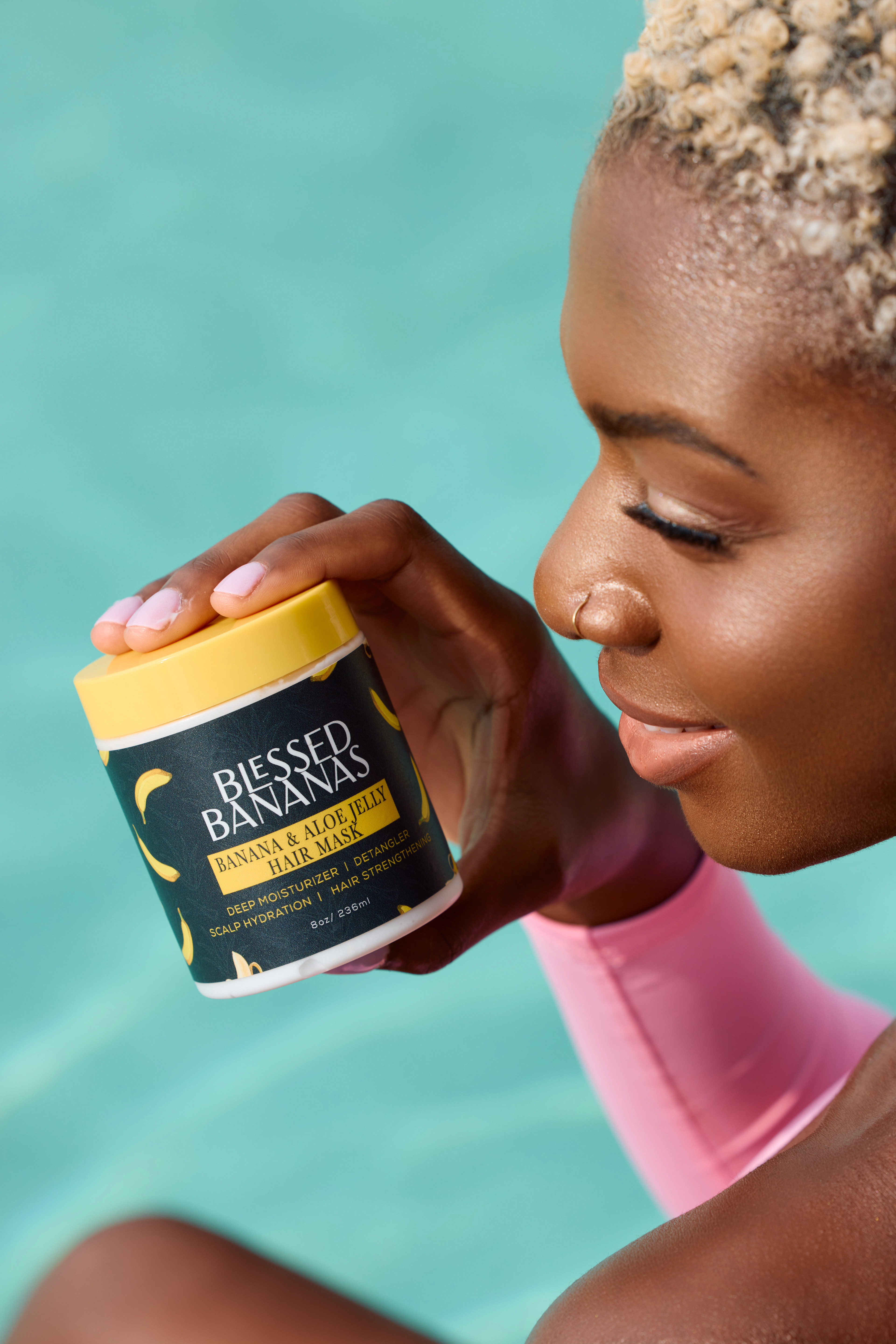Product beauty close-up photographed for Blessed Bananas — commercial skincare and haircare advertising photography.