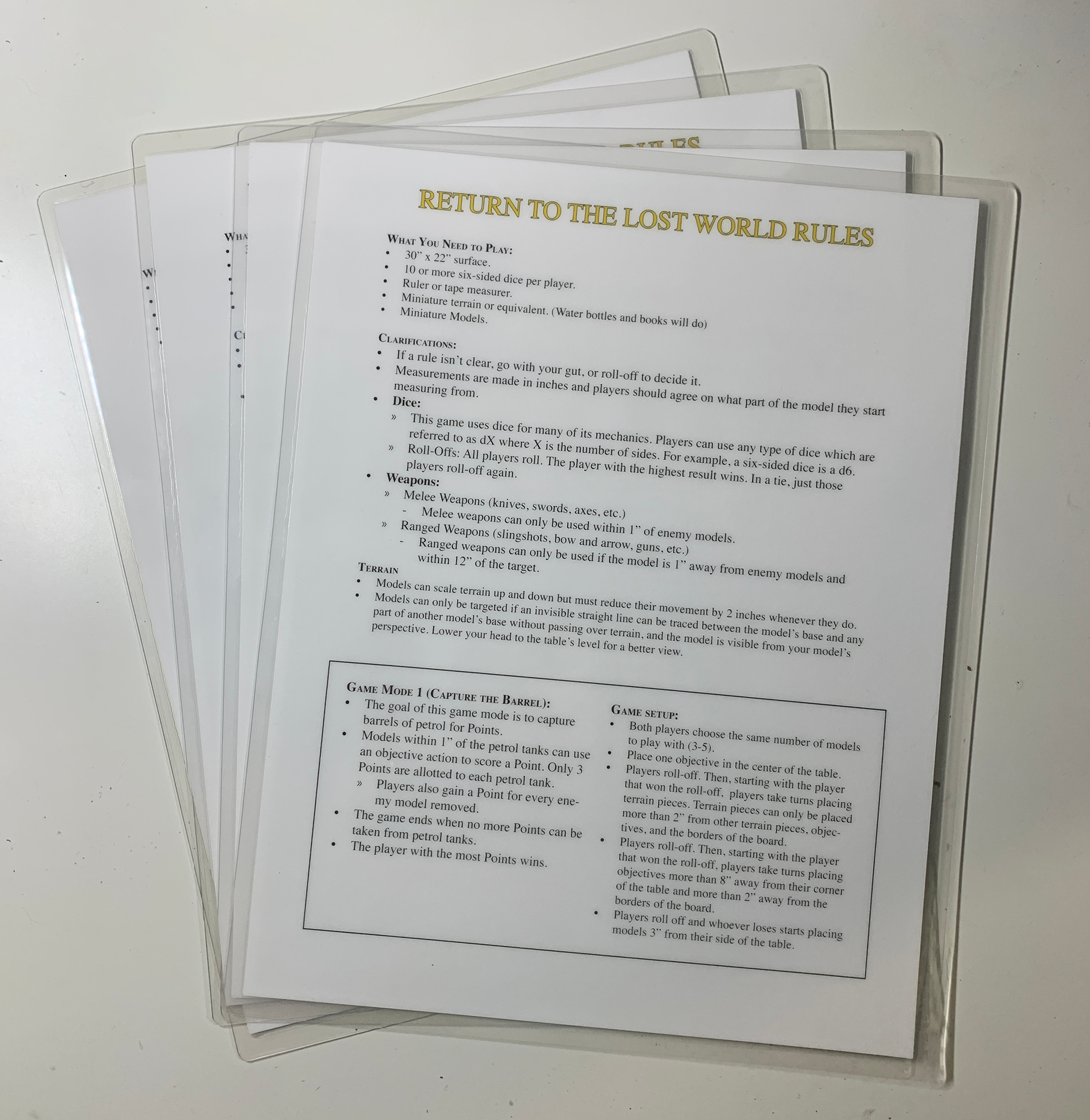 Laminated one page of rules for easy gaming