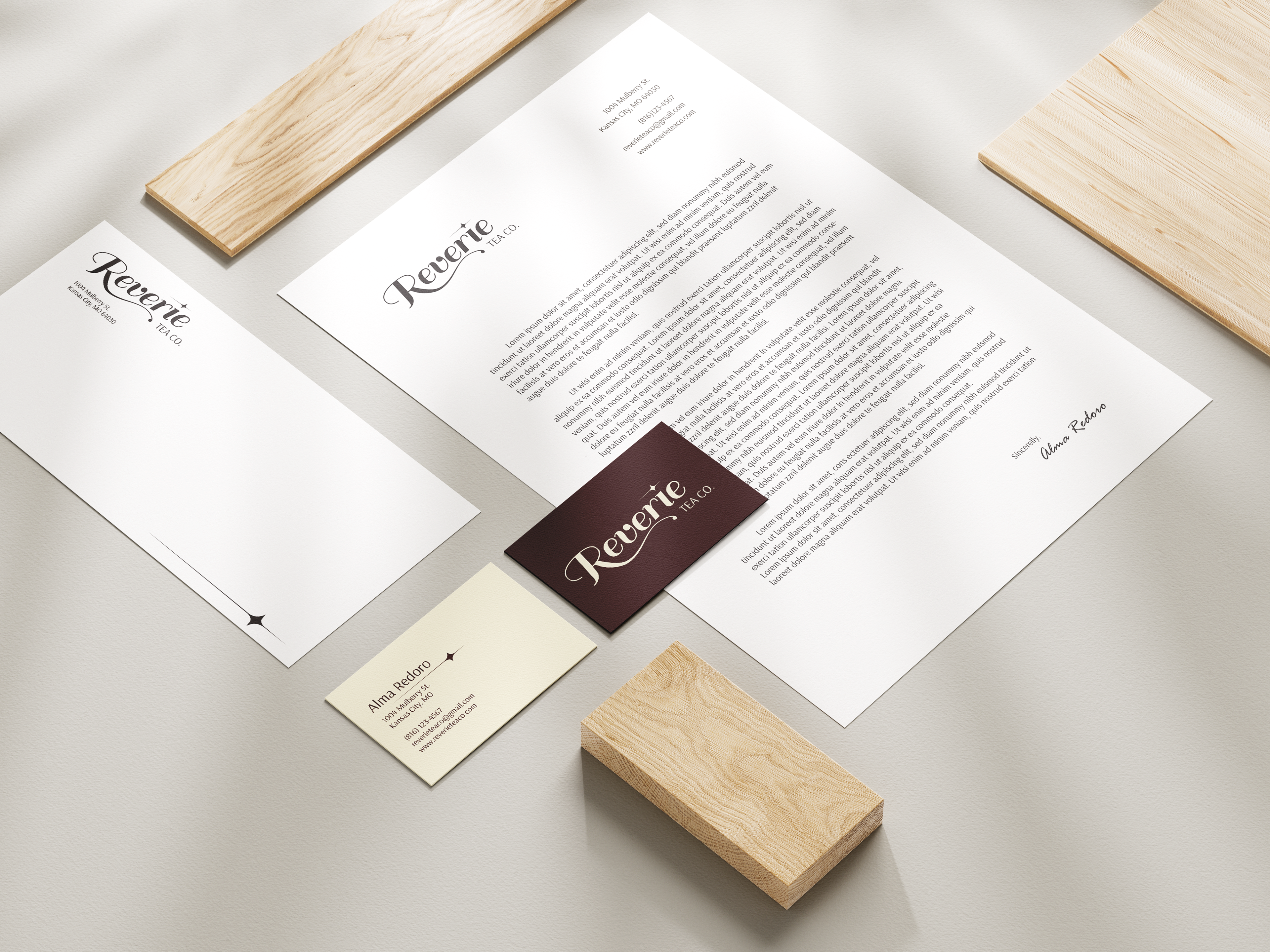 Reverie Tea, Stationary: Adobe Illustrator, Photoshop | 2024