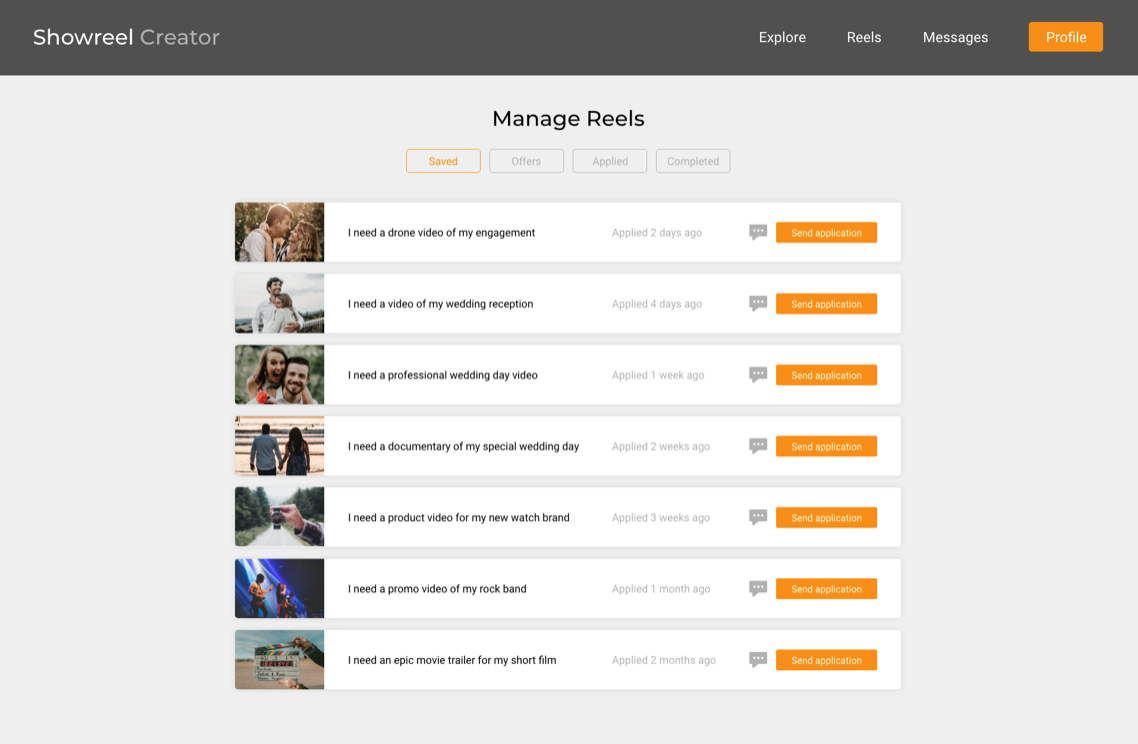 Page of saved, applied, and declined projects and offers