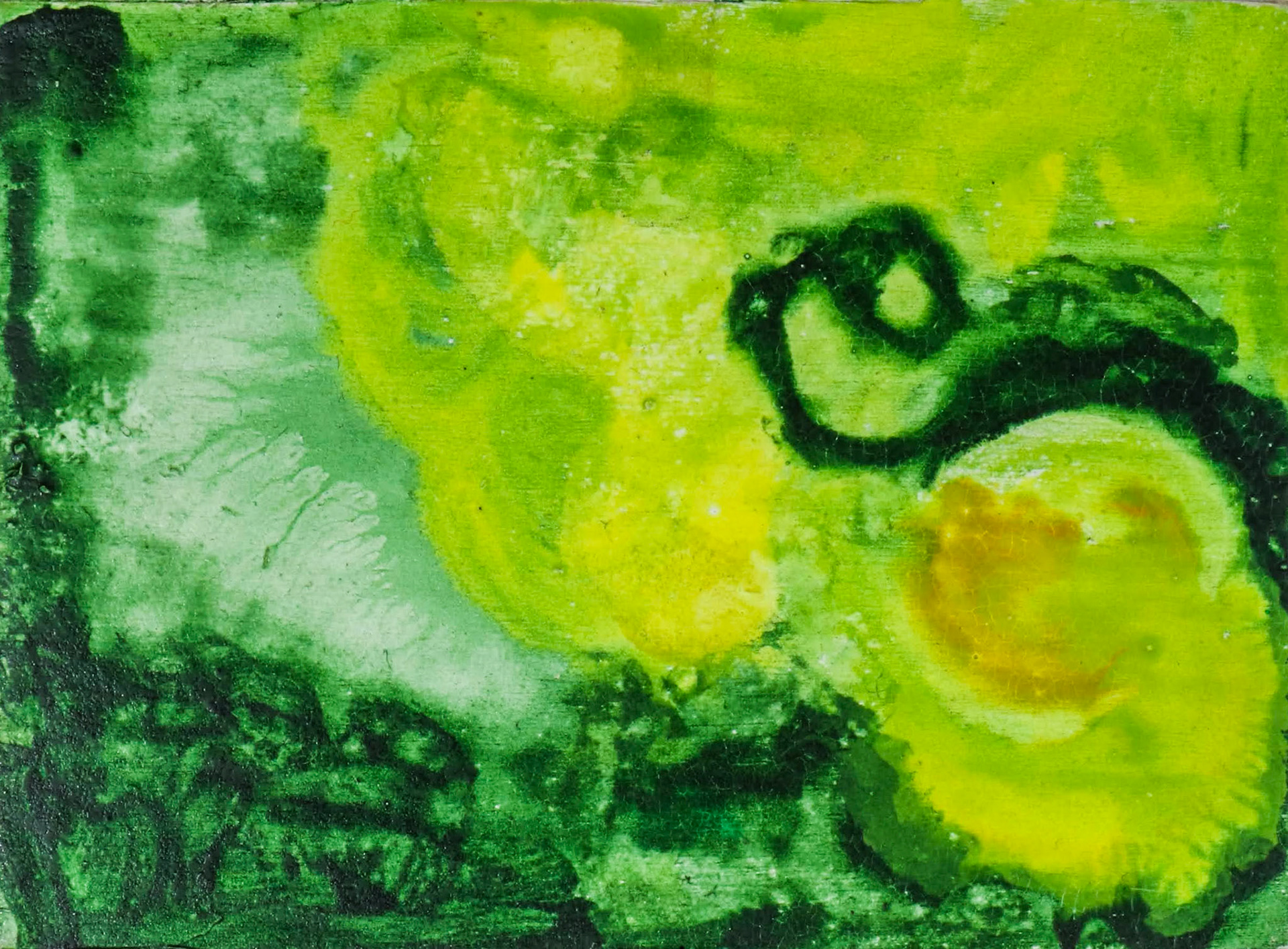 4 1/4" x 3" x .75" watercolor and ink on wood block