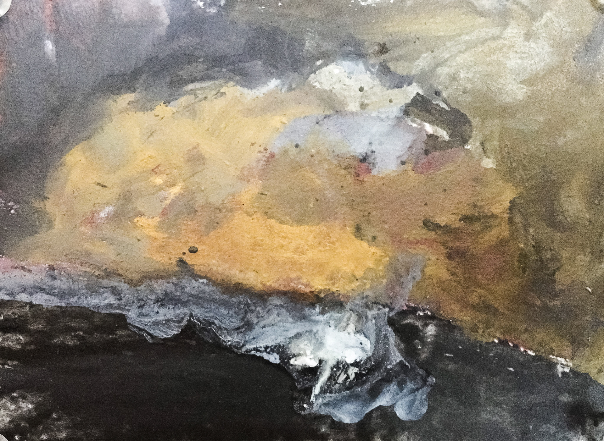 5.5" x 3.5"  watercolor, collage, and iridescent powder on paper