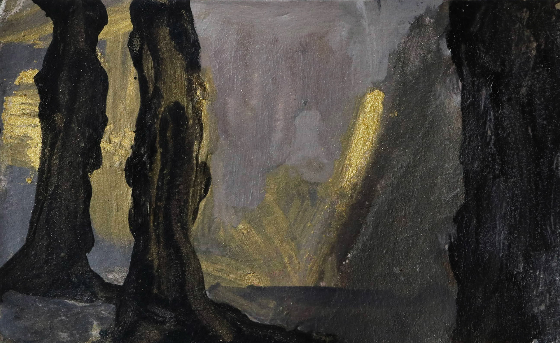 5 1/2" x3 1/2" watercolor, charcoal powder, and iridescent powder on paper