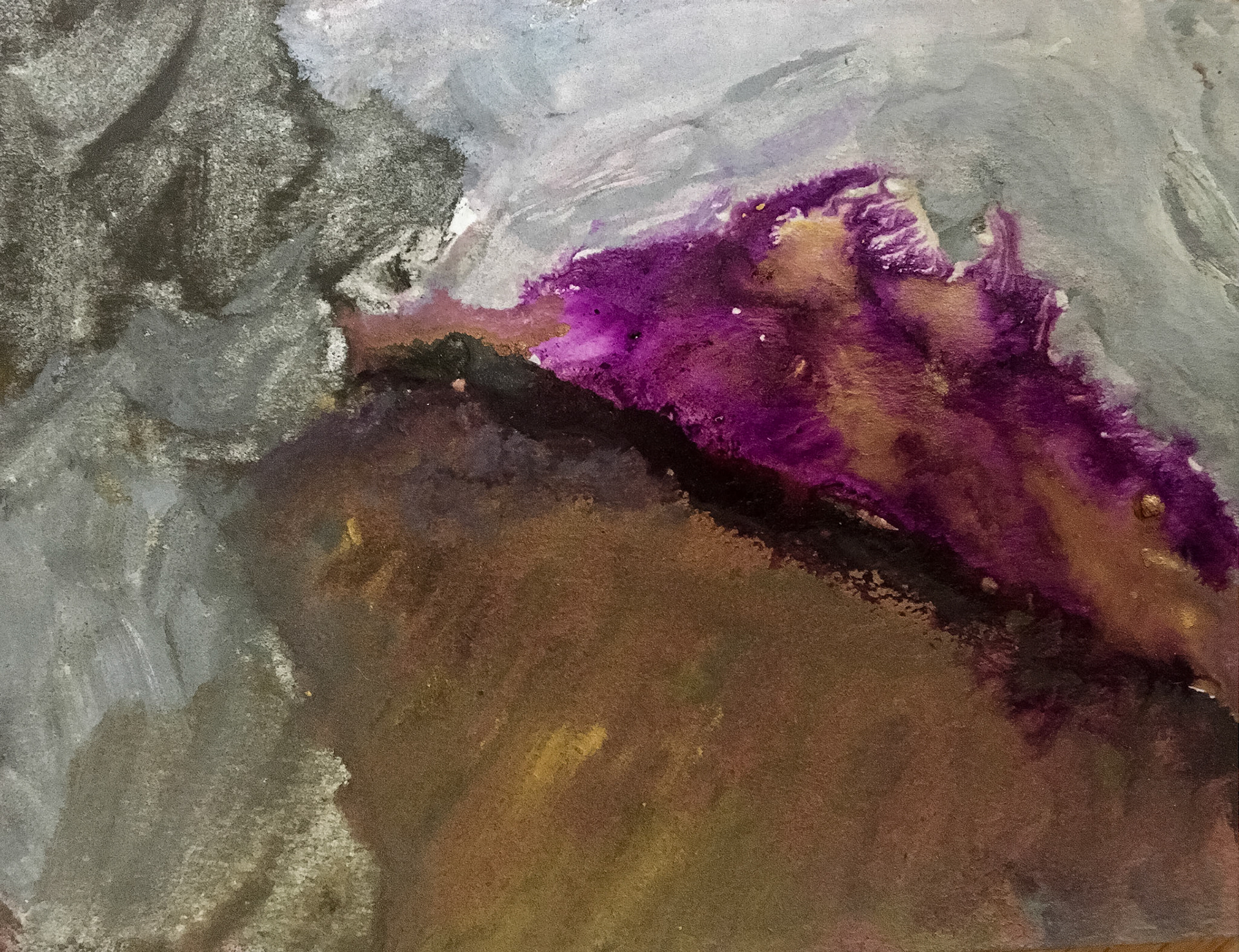 5.5" x 3.5"  watercolor, collage, and iridescent powder on paper