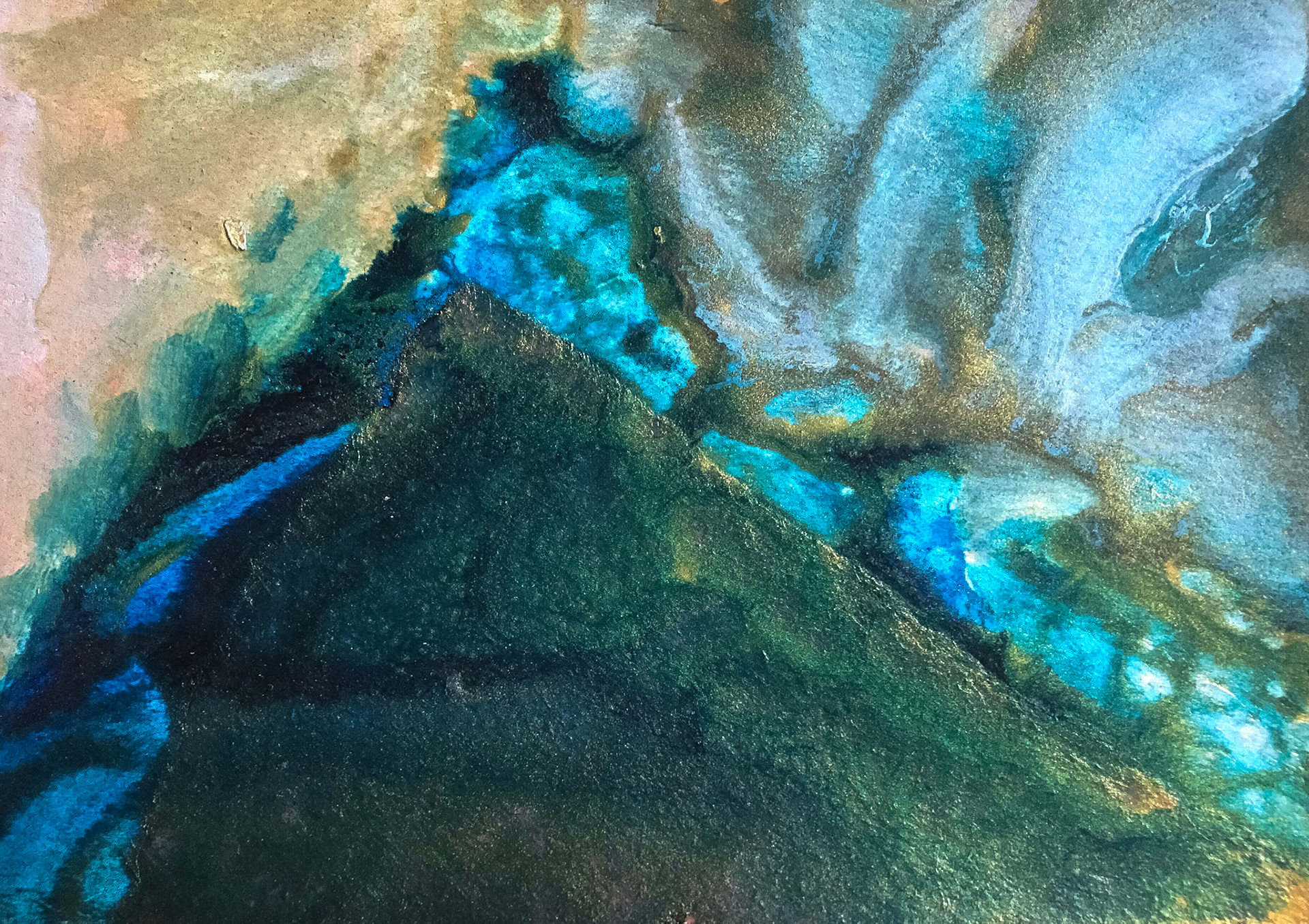 5.5" x 3.5"  watercolor, collage, and iridescent powder on paper