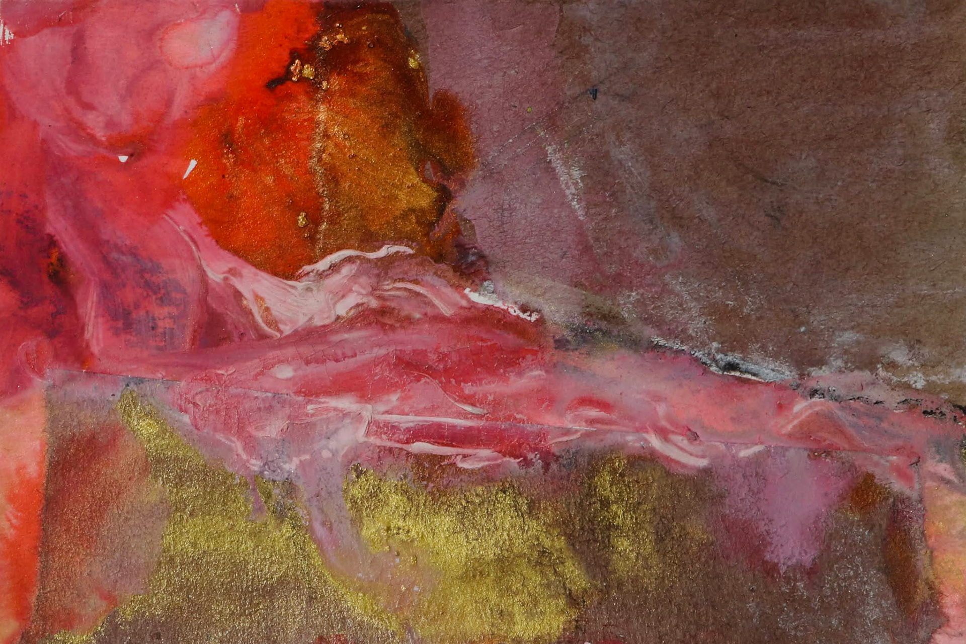 5.25" x 3.5"  watercolor, collage, and iridescent powder on paper