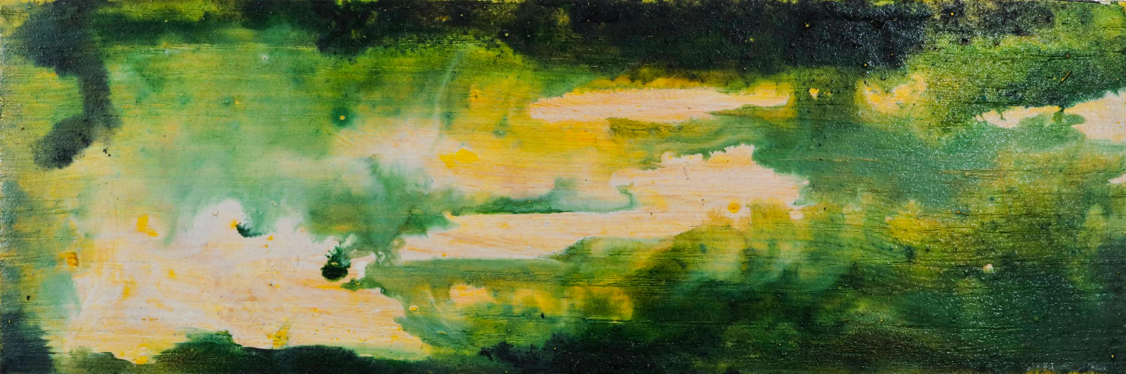9.5" x 3" x .75" watercolor, iridescent powders, and ink on wood block