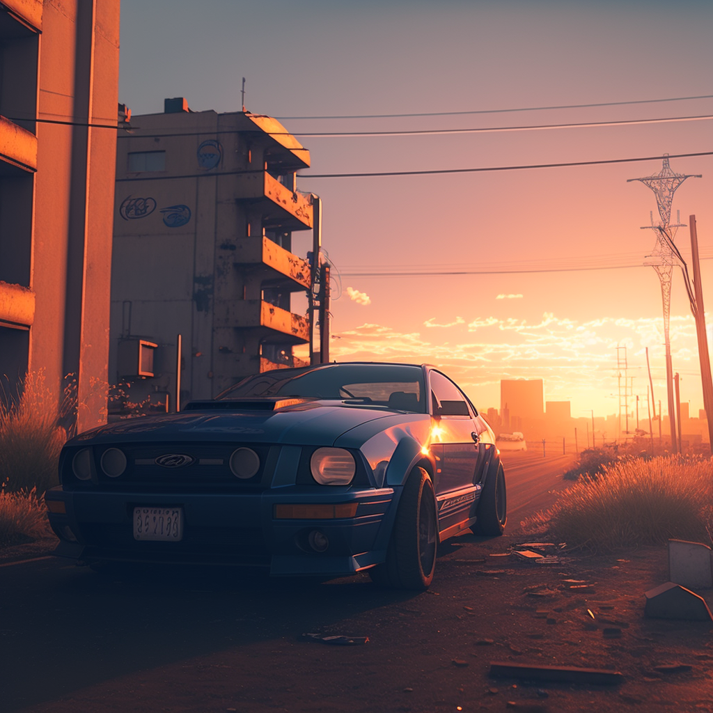 Photoshop of 05 mustang in a rural part of a city