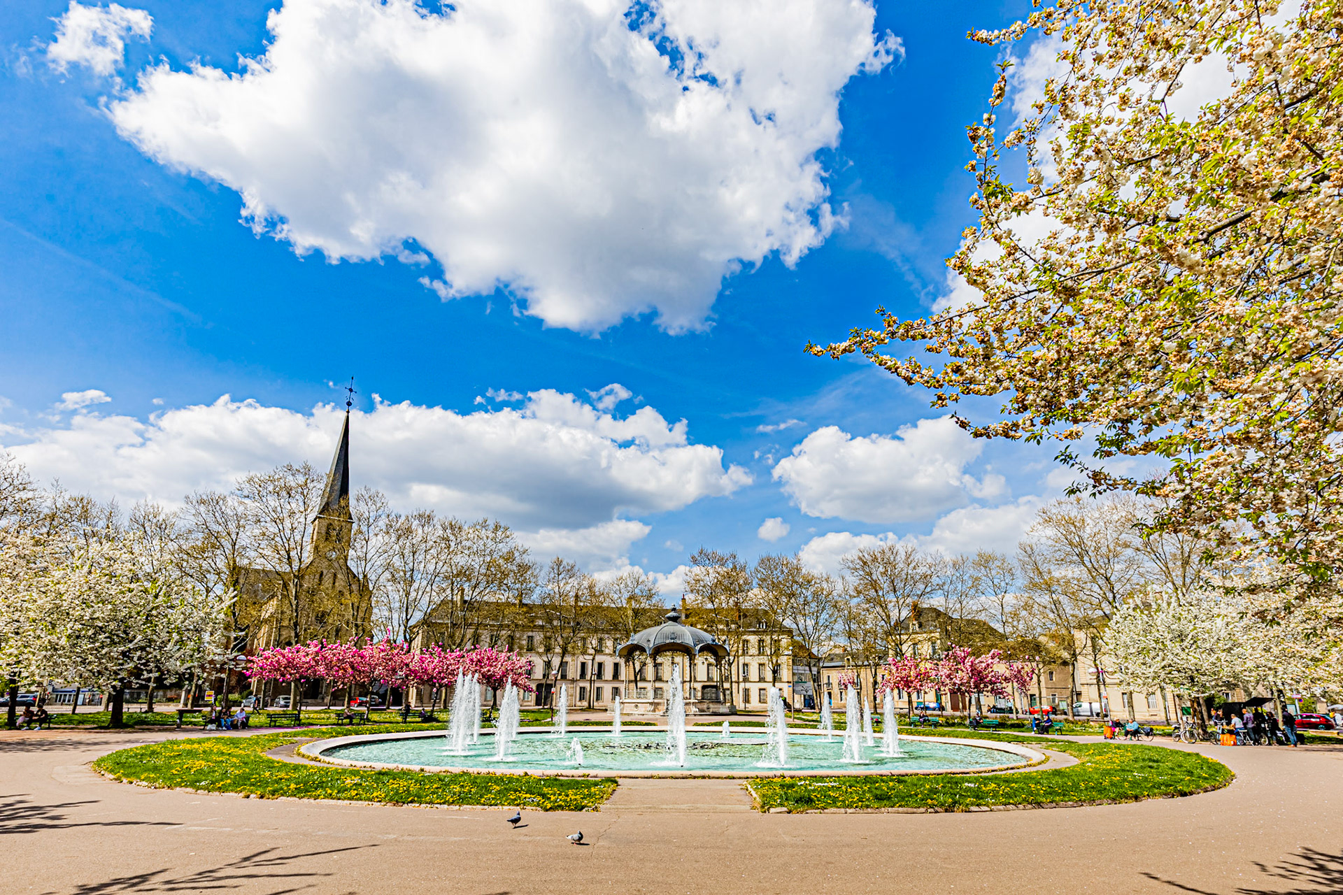 La place Wilson aux couleurs du printemps et ses cerisiers japonais en fleur.
