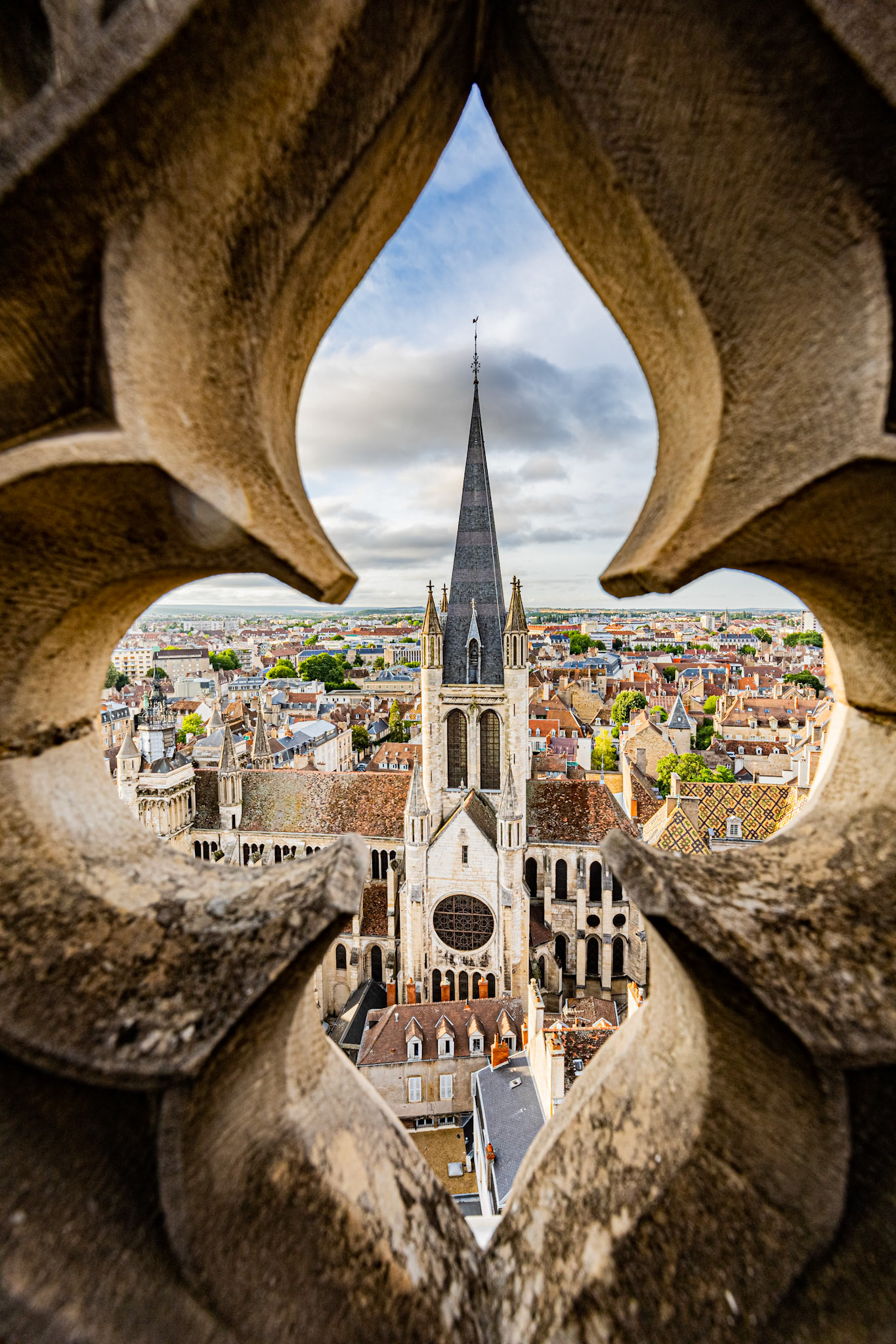 Dijon vu à travers les éléments d'architecture de la Tour Philippe Le Bon.