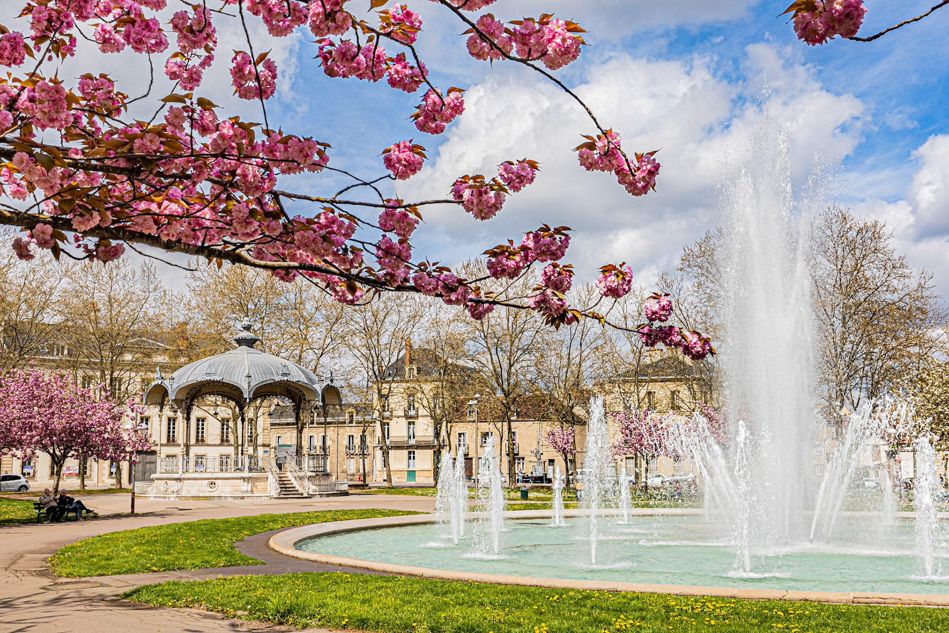 La place Wilson aux couleurs du printemps et ses cerisiers japonais en fleur.