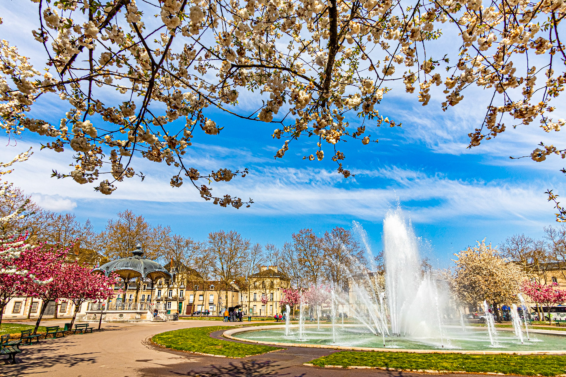 La place Wilson aux couleurs du printemps et ses cerisiers japonais en fleur.