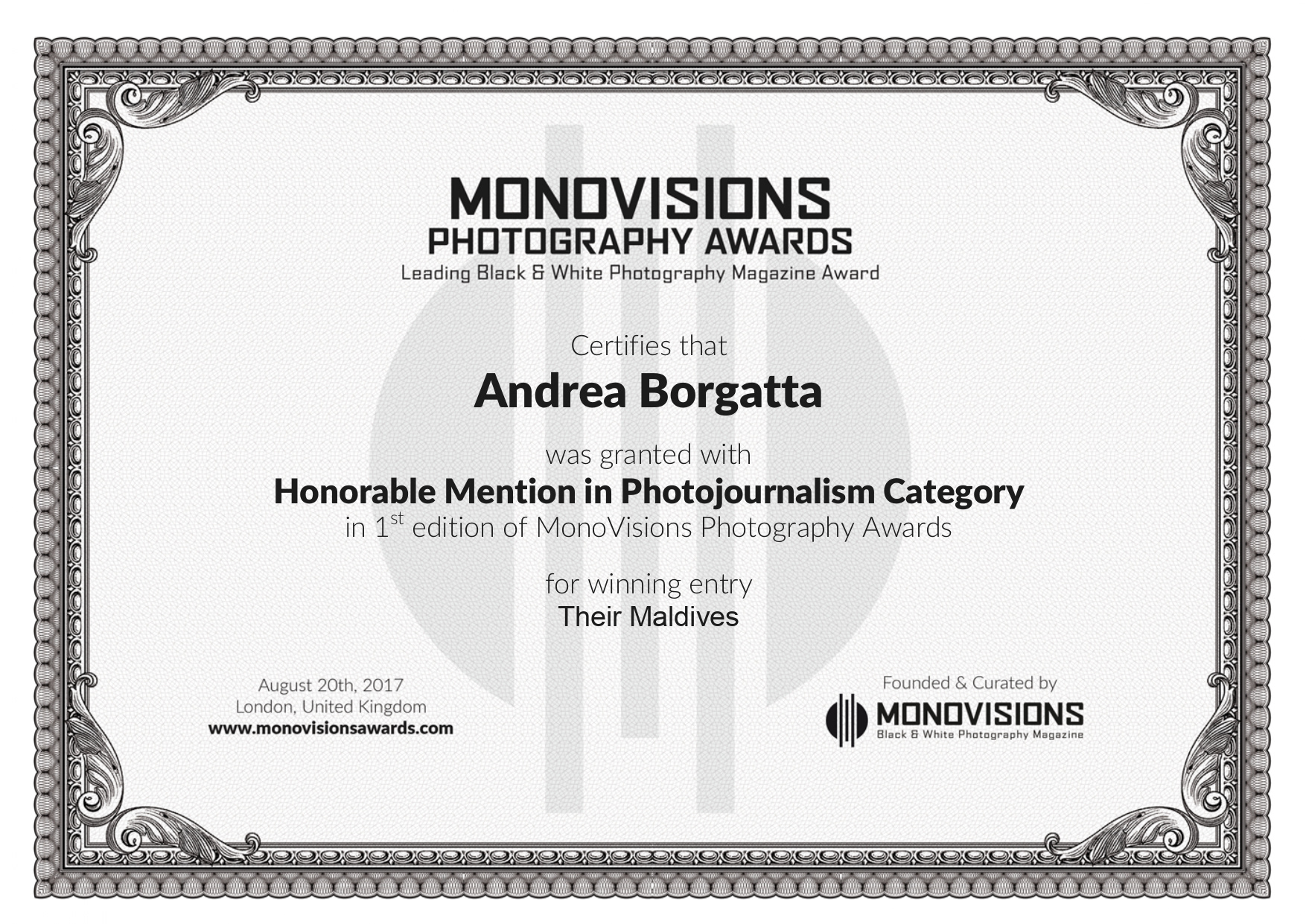 Monovision Honorable Mention for "Their Maldives" single shot & story 2017