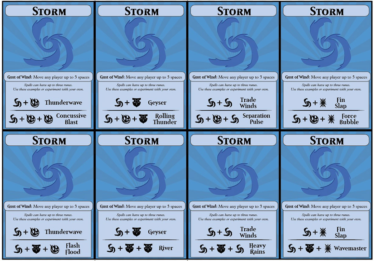 Display image of Storm rune cards with a blue swirling typhoon that has three extensions curling around the center.