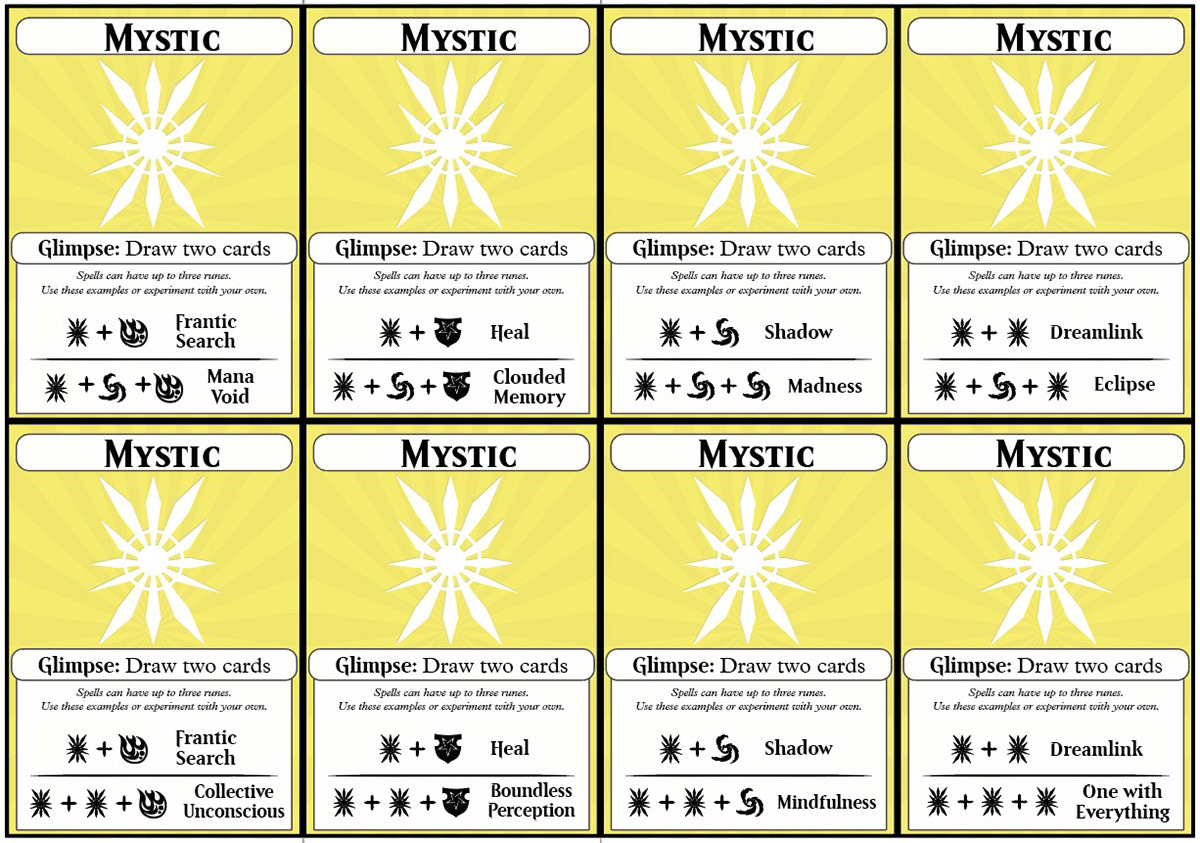 Display image of Mystic rune cards with a bright white light icon that has 12 sharp points extending out from its center.