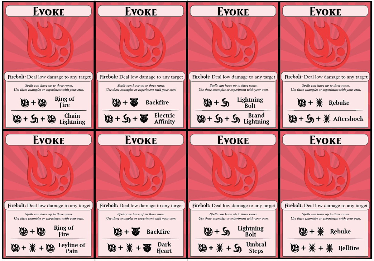 Display image of Evoke rune cards with a red bubbly fireball icon in the center.