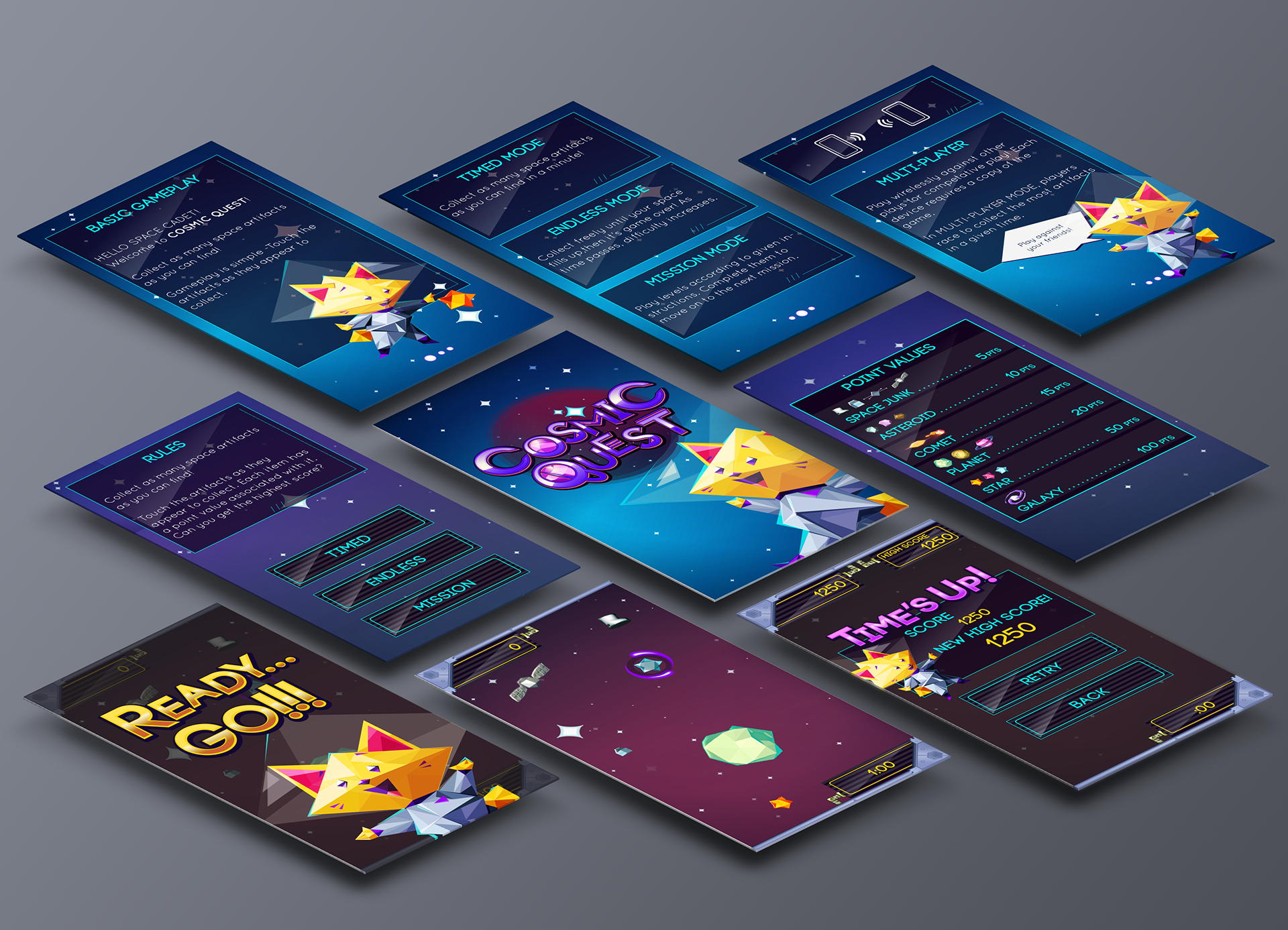 'Cosmic Quest' app screens