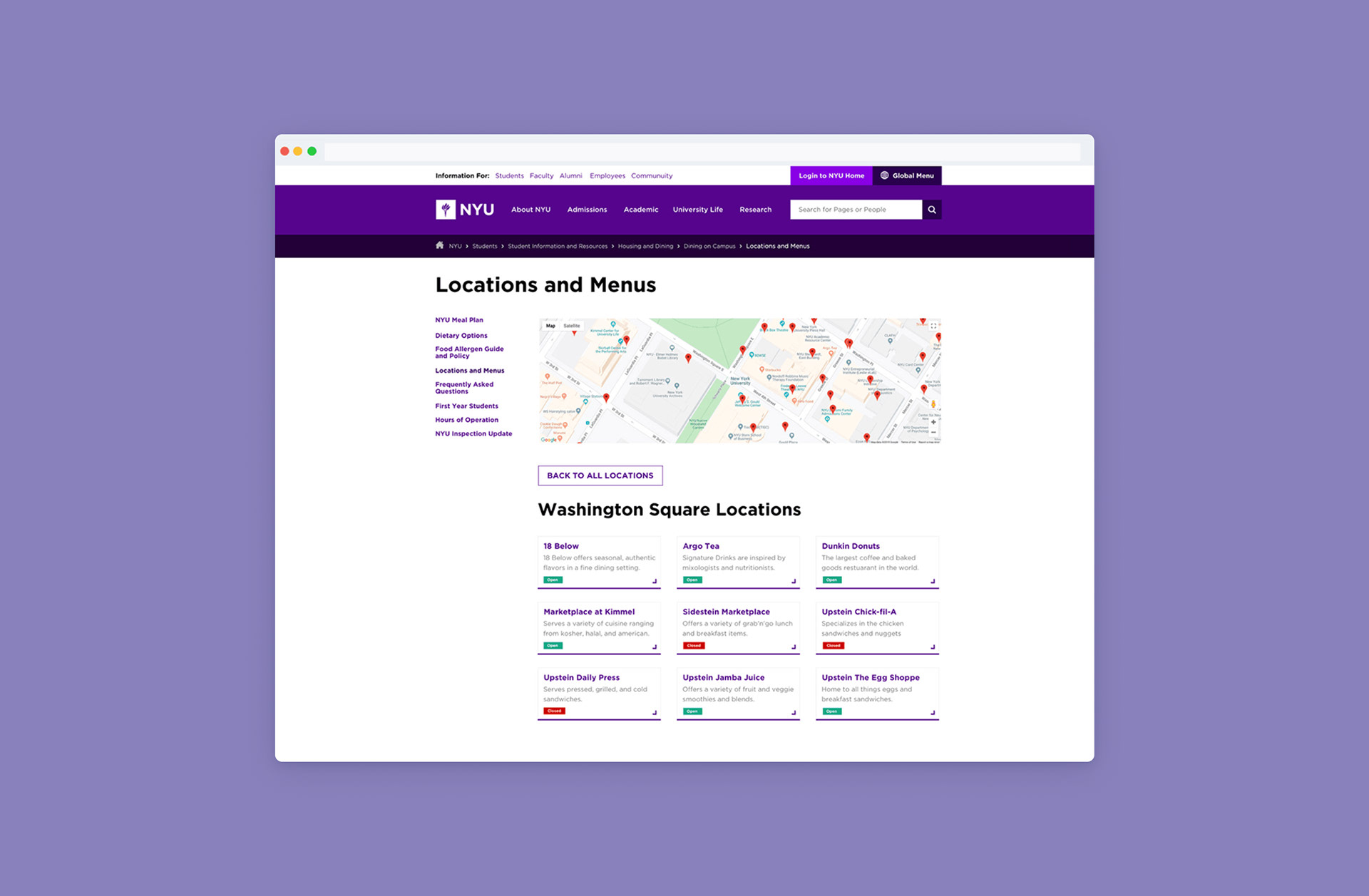 desktop screenshot of NYU Dining project