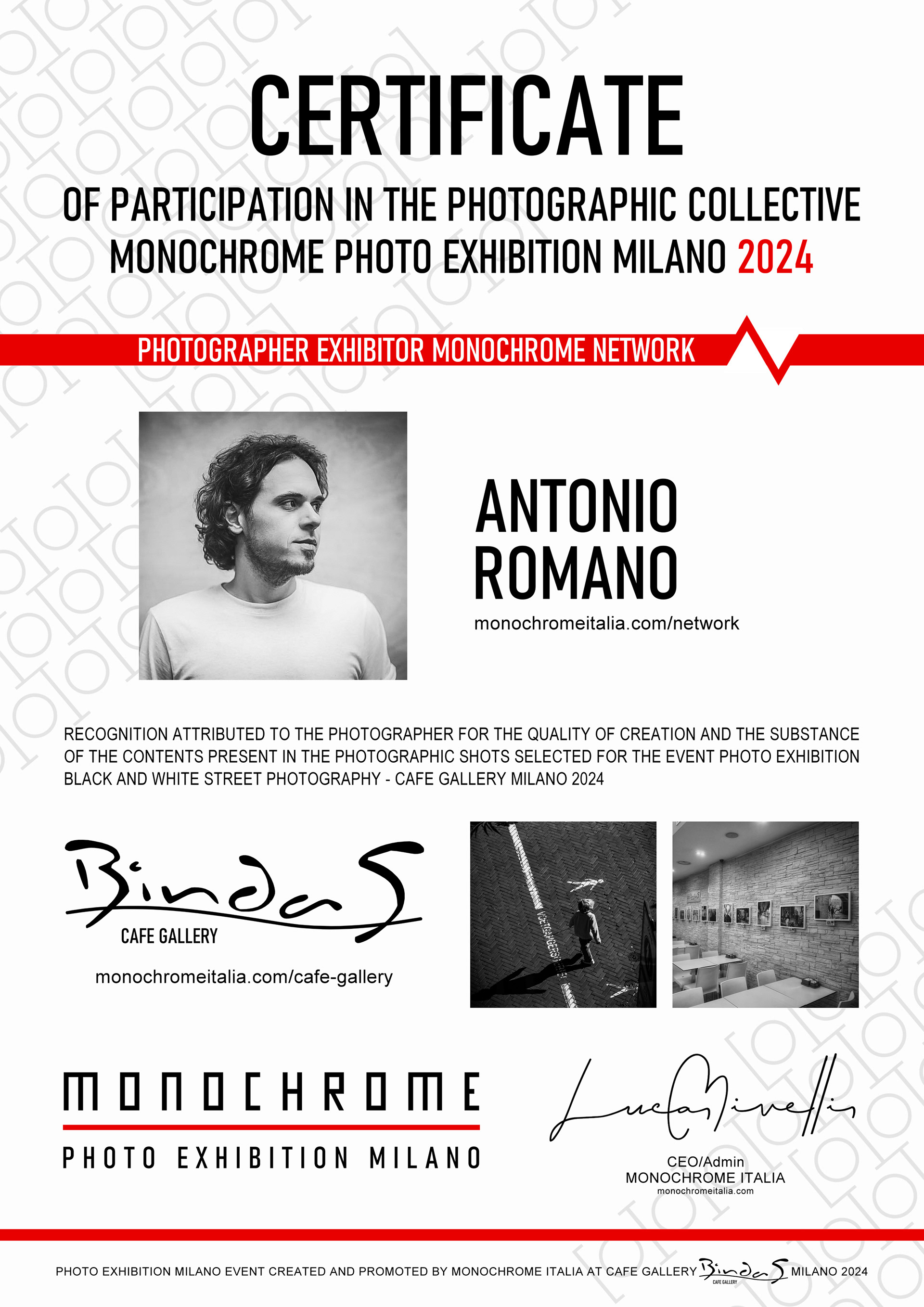 Certificate Exhibition Milano Monochrome Italia 2024