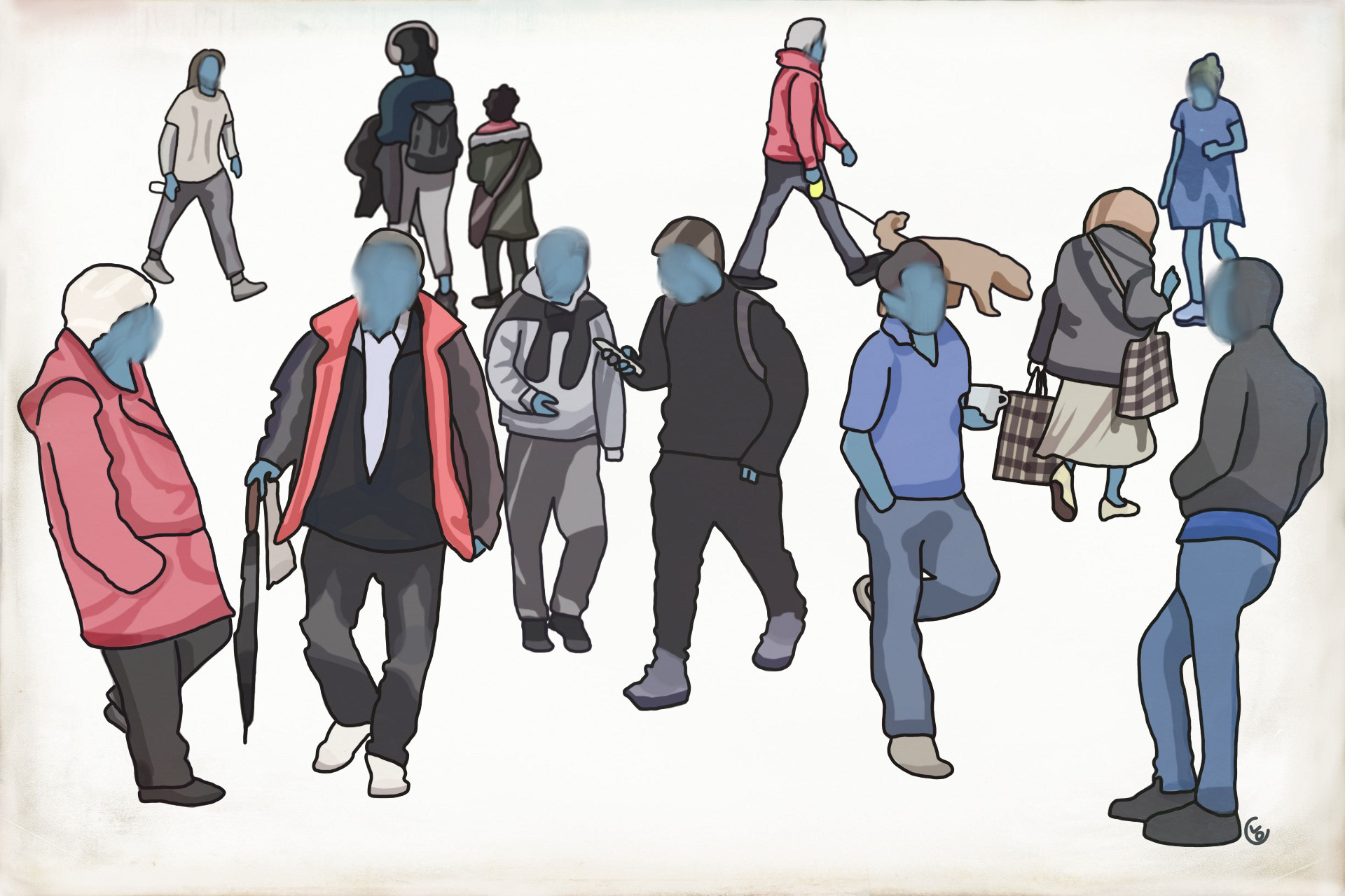 ‘’Isolation Portrait’’ CLO, digital art, 2020 As contact between us has diminished over lockdown, it became more difficult to find people to draw. To make up for this, I looked up the streets around mine on Google maps and drew the individuals whose blurry faces graced my neighbourhood. This is the result. @Clareartuk