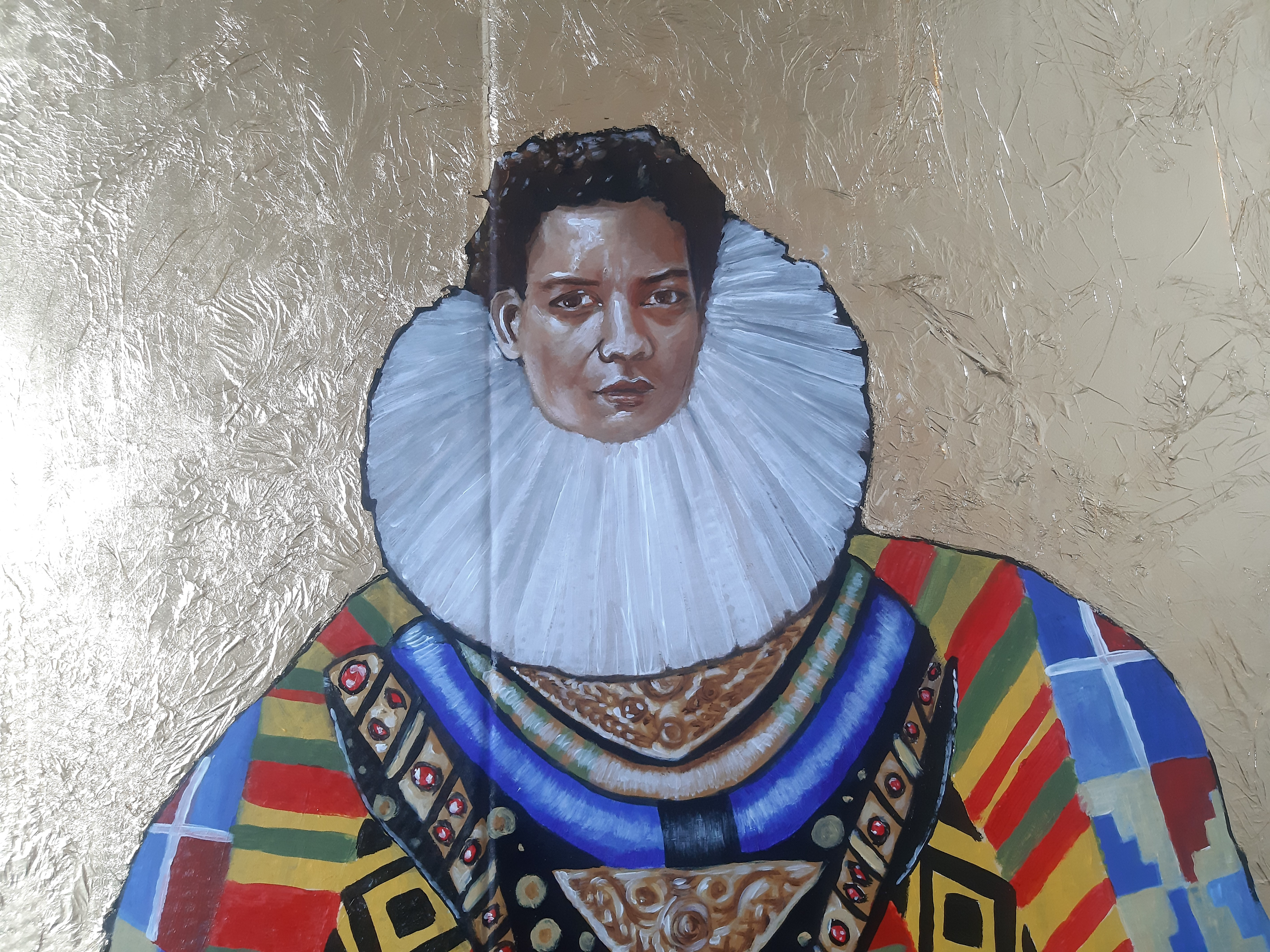 “Black Queens I Young Lubaina Himid (2021)”, Acrylic on Cardboard, W 50 Cm X H 50 Cm Tina Ramos Ekongo @tinaramosekongoart Portrait of Young black British artist Lubaina Himid dressed as Queen Elisabeth the I dressed with colorful African fabrics and jewelry. The aim is to discuss the figure of pioneer black British artists with colonial heritage background who through their creative work fight against racial and gender stigmas and discrimination and Queen Elisabeth II one of the greatest regents of the UK who had to fight against their detractors for being female sovereign.