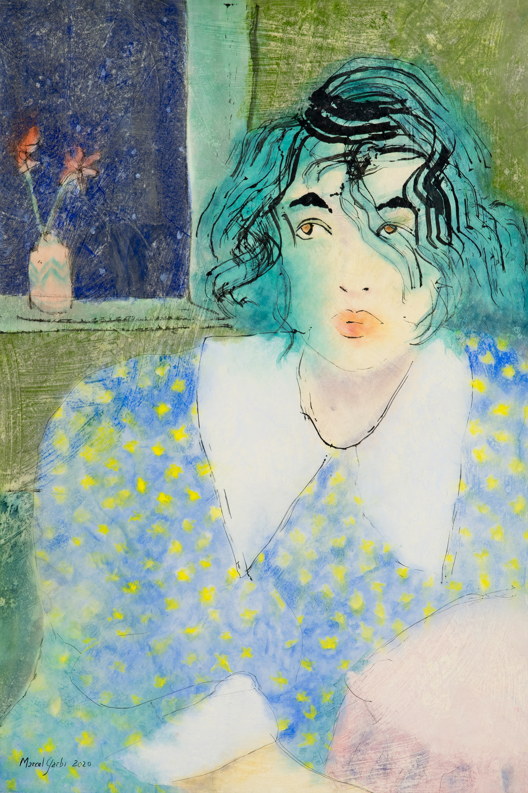‘’That charming fixation with being an angel and wearing the stars dress’’ Marcel Garbi, Ink, Watercolor on Paper. Ink and Watercolours on Kitakata washi -Japanese traditional paper, 2020 70 cm x 46 cm approx. wet mounted onto Kosuke paper. More of Garbi’s work can be viewed here: www.marcelgarbi.com