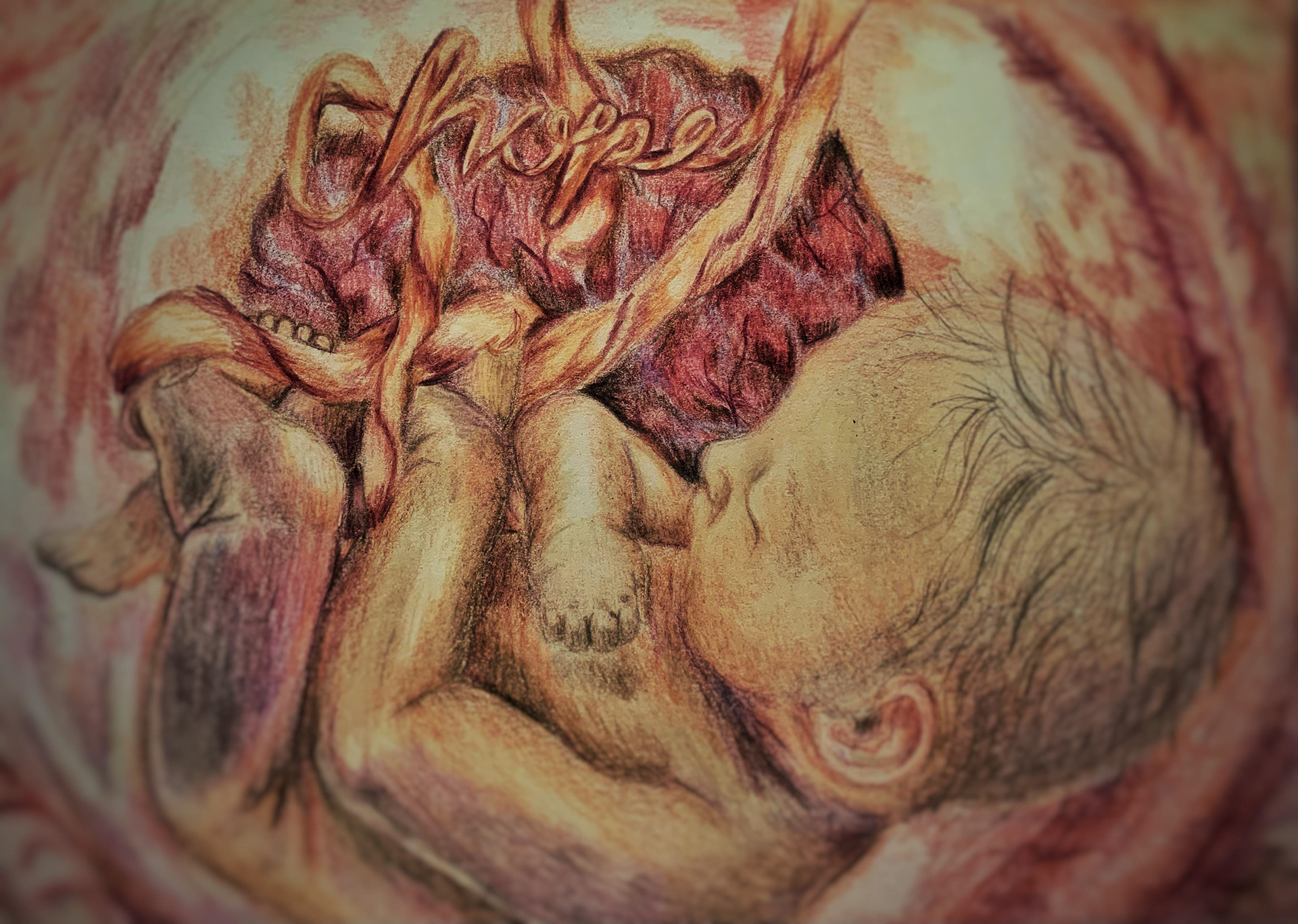 “Hope” Summer Dawes, Faber Castell polychromos, 2023 “Hope is a 20cm by 15cm piece of art created using Faber Castell wax based colouring pencils. The piece was created to represent the hope that is felt amongst mothers that the baby they are growing will be healthy and well. The piece was created in honour of all the babies born sleeping, lost in utero and for the mothers who struggle with fertility. This message is conveyed through the umbilical cord in the artwork spelling the word ‘hope’. The umbilical cord was chosen as this is the closest connection between a baby and mother quite literally connecting them” Facebook - Sketches by Summer, Instagram - @sketchesbysummergb, TikTok - @sketchesbysummer