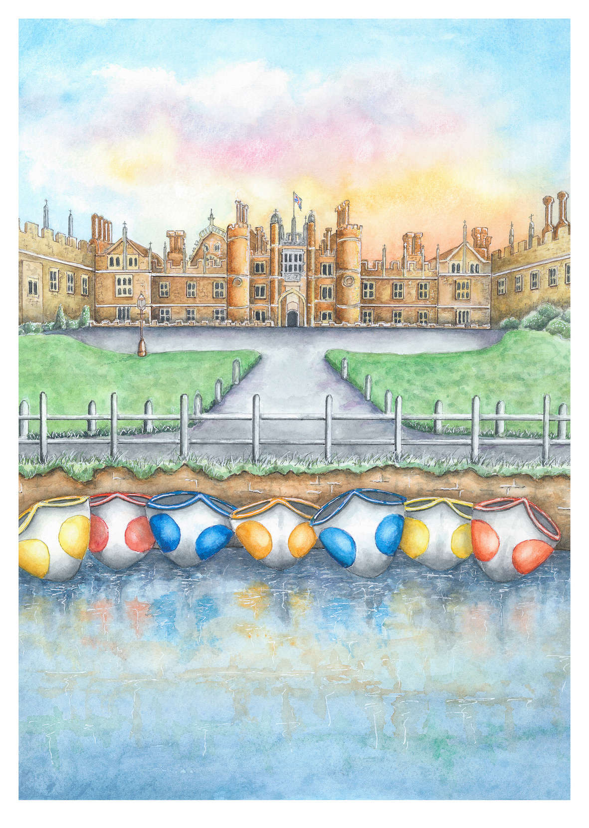 “Hampton Court Palace” Joanna Benfield, Watercolour and fineliner pen, 2025 “When I painted this view of Hampton Court Palace, I wanted to move away from the serious, formal feel usually associated with historic landmarks. My goal was to inject a sense of joie de vivre into the scene, reimagining the palace through a storybook lens that feels warm and approachable. While I have kept the architectural details of the Tudor brickwork and the grand gatehouse, they are balanced by a much more playful energy. The heart of the painting is the row of traditional rowing boats along the Thames. I have stylised them into bold, cheerful vessels, decorated with bright patterns and primary colours, adding a friendly, welcoming presence to the water. By combining the old-world weight of the Palace with these whimsical vessels and their soft, shimmering reflections, I hope to lift the observer's spirits. It’s my way of capturing the quiet joy and optimism of a perfect afternoon by the river, turning a grand piece of history into something that feels like a happy escape.” www.joannabenfieldart.com 