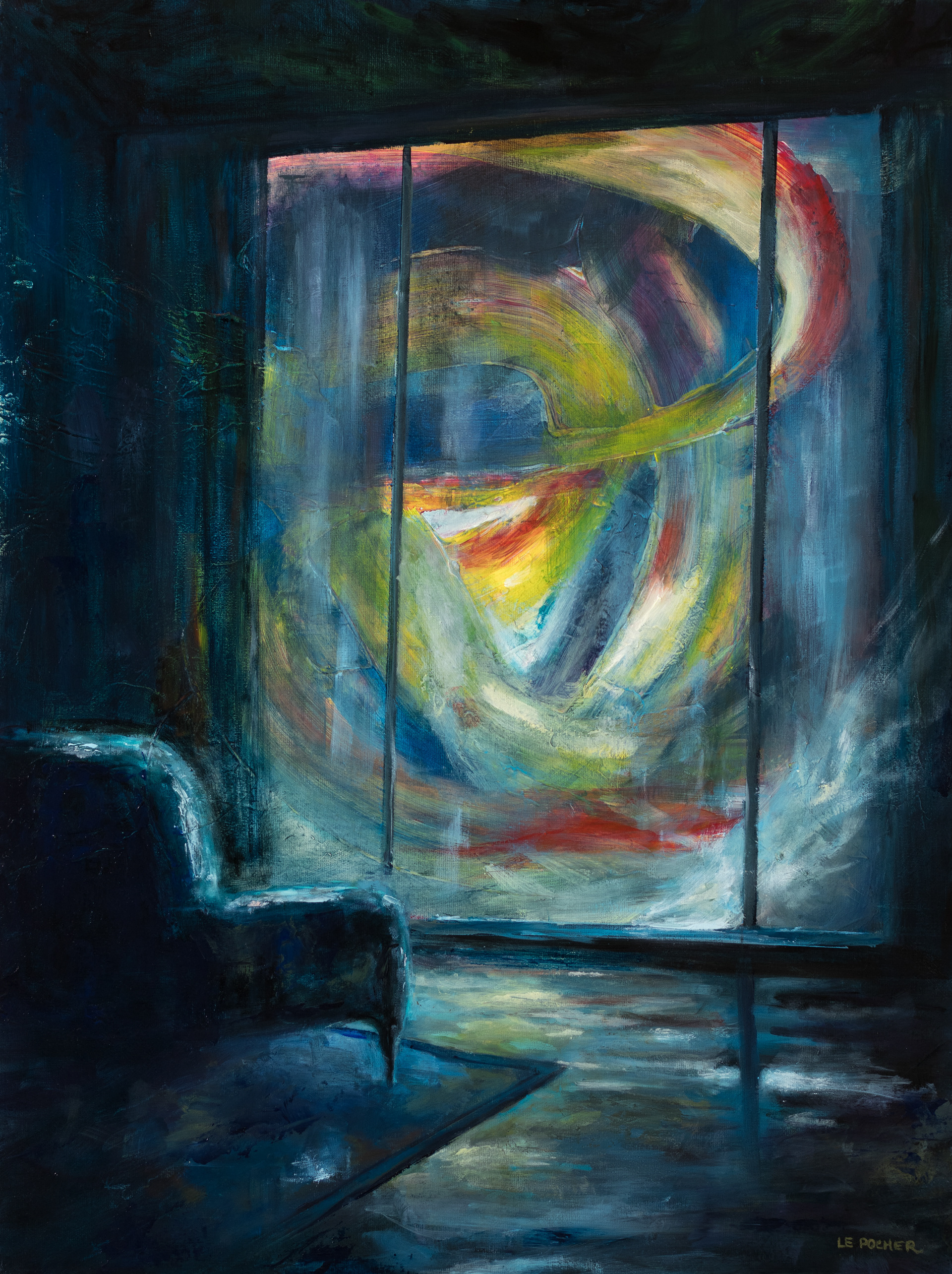 “Done Waiting” Julien Le Pocher, Oil and acrylic on Canvas Board, 2026  “An empty armchair remains in a darkened room, moments after the decision has been made. Outside, colour and light surge with uncontrollable force. The painting captures the threshold between fear and surrender, the instant when resistance gives way and creative energy is finally allowed to lead.” @the.paint.wanderer