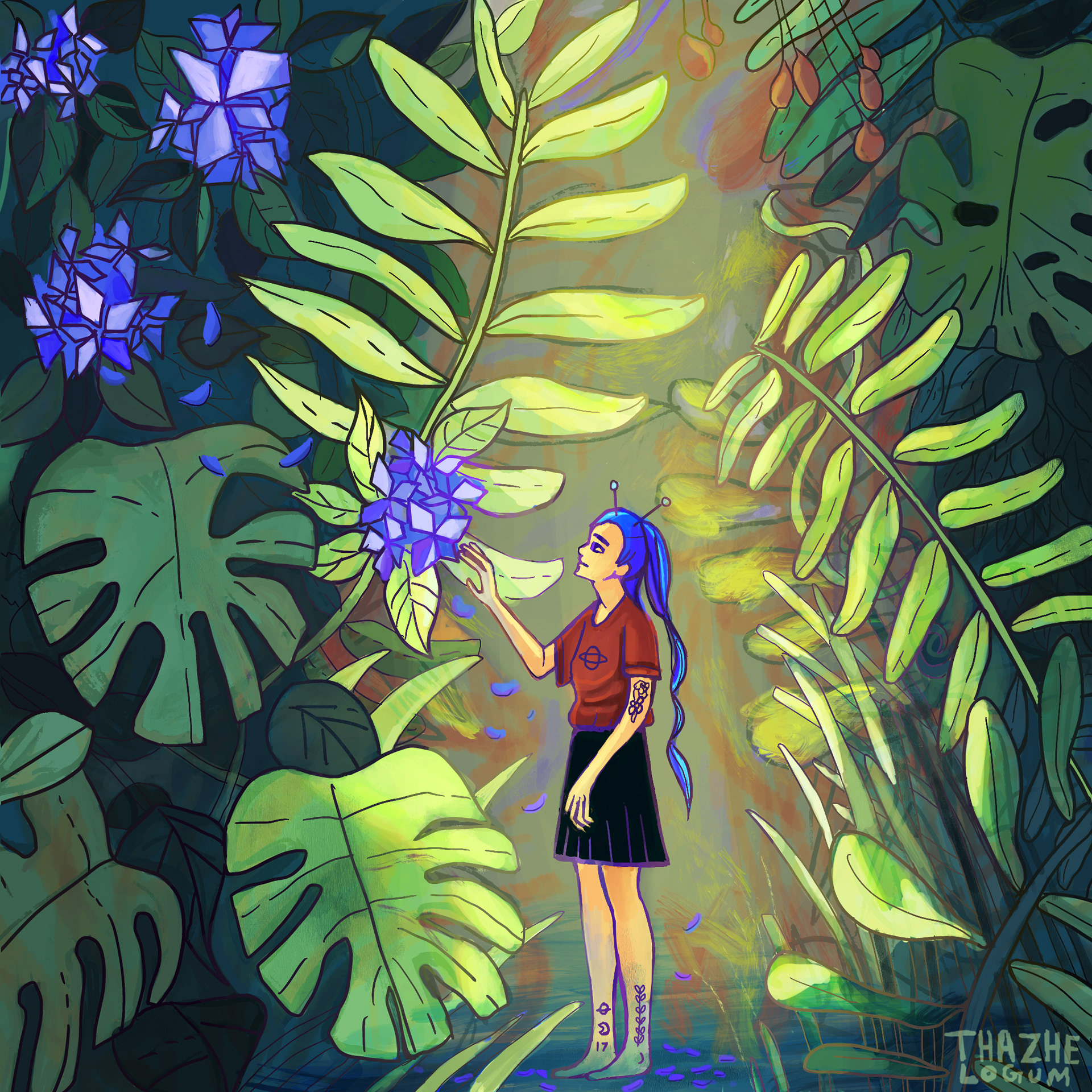 ‘’Alien Jungle’’ Sherin Vincent (Thazhe Logum online), 2020, digital Painting Dimensions: 39x39cm Social media: @thazhelogum https://www.instagram.com/thazhelogum https://www.youtube.com/channel/UCQOMcp1hTi8dW0mPIs5iZSw Website: https://www.redbubble.com/people/thazhelogum/shop
