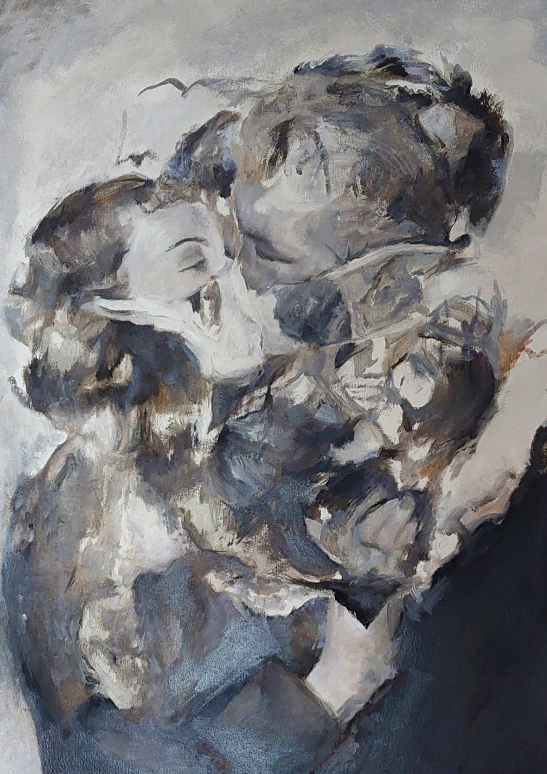 ‘’Contagious’’ Ella Shepard, Oil on canvas, 2020 Within my artistic practice I've been looking in to archived photography and historical documentation. It's fascinating looking at photos from before our time as they feel so distant but familiar at the same time. A lot of people have been considering these Covid-19 times as reminiscent of war times, the unsettling overshadowing of something very ominous with an indefinite end date. This painting has taken inspiration from a photo taken in 1937 and depicts a film kiss on set in Hollywood during the Flu epidemic. You may have already seen this being used, but when I found this photo a few months ago it felt like a lot of the themes in my practice simultaneously came together. Old photography re-imagined in a distorted reality and using this blur across time, this merge of abstraction and realism, in the medium of paint. (Also, friends and family have recently mentioned that being in isolation is very much like existing in a blur, where you have lost track of time and feel disoriented). I have never really tied my artwork to society issues or politics or fixed it so to speak in our specific time, but I feel that this is something that can't be ignored, this photo felt uncannily real, with such a underlining darkness expressed with a fragility to the situation. @ellashepardart (Instagram & Facebook)) https://www.facebook.com/EllaShepardArt https://www.instagram.com/ellashepardart/