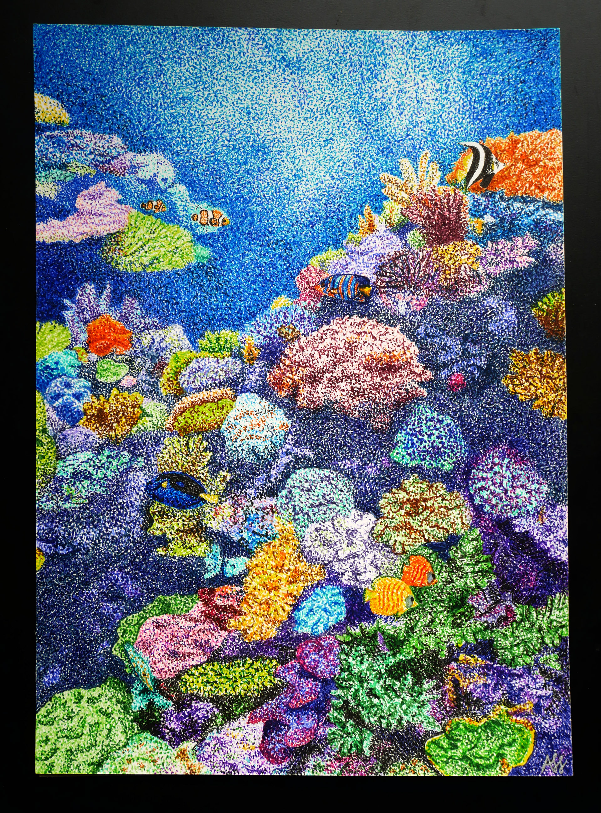 ‘’The untouched deep’’ Alice Halfpenny, Fineliner ink pens on paper, 2020 A depiction of a coral reef in all it's original colourful glory before it became polluted and destroyed by human interference. The aim of this piece of artwork is to remind people of the natural beauty of nature and the vast variety of animals that live in and rely on one singular ecosystem. www.halfpennyink.com/ www.instagram.com/halfpennyink