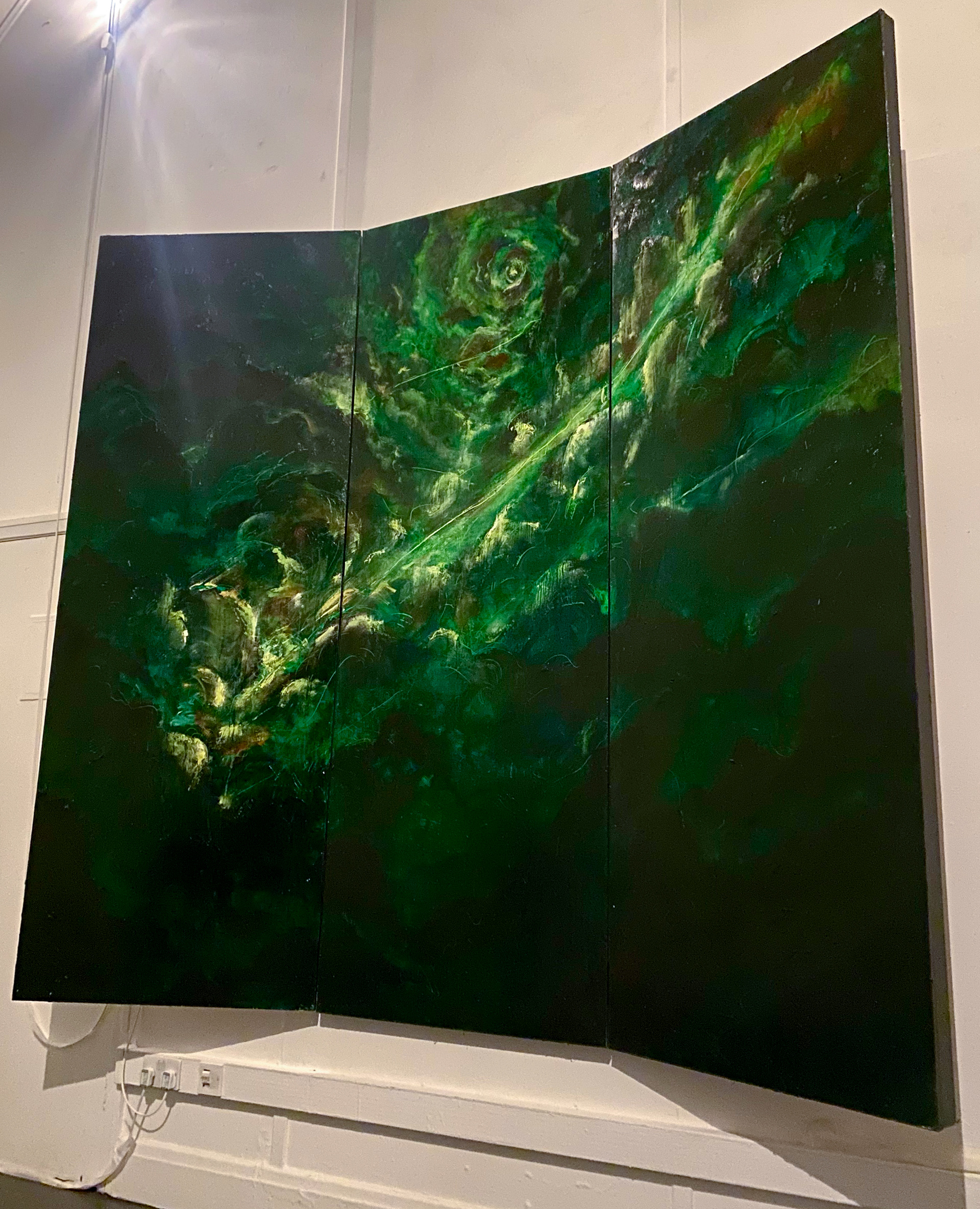 “The Cosmos”, Oil on board, supported by wooden frames and door hinges, Each panel: 3 x 260 L x 90 W x 1.2 D Rose Daniel @persebone I began to focus heavily on mark-making and being able to create emotion, movement and storytelling in confident minimal brush strokes; I began to move away from even using brushes, using oil directly on rags and my hands, this was much more fun and enabled me to cover more area on the board. I had also begun to create my own tools using wire wrapped around broken brushes in different shapes and spoons to gouge into the paint. I have been revisiting these core ideas of love, death and morality as well as expanding my knowledge on cosmology and astronomy to greater understand the themes I want to paint. Here I was experimenting with ideas of Christianity, Lucifer falling from the Heavens, the great vastness of the cosmos but on acid.