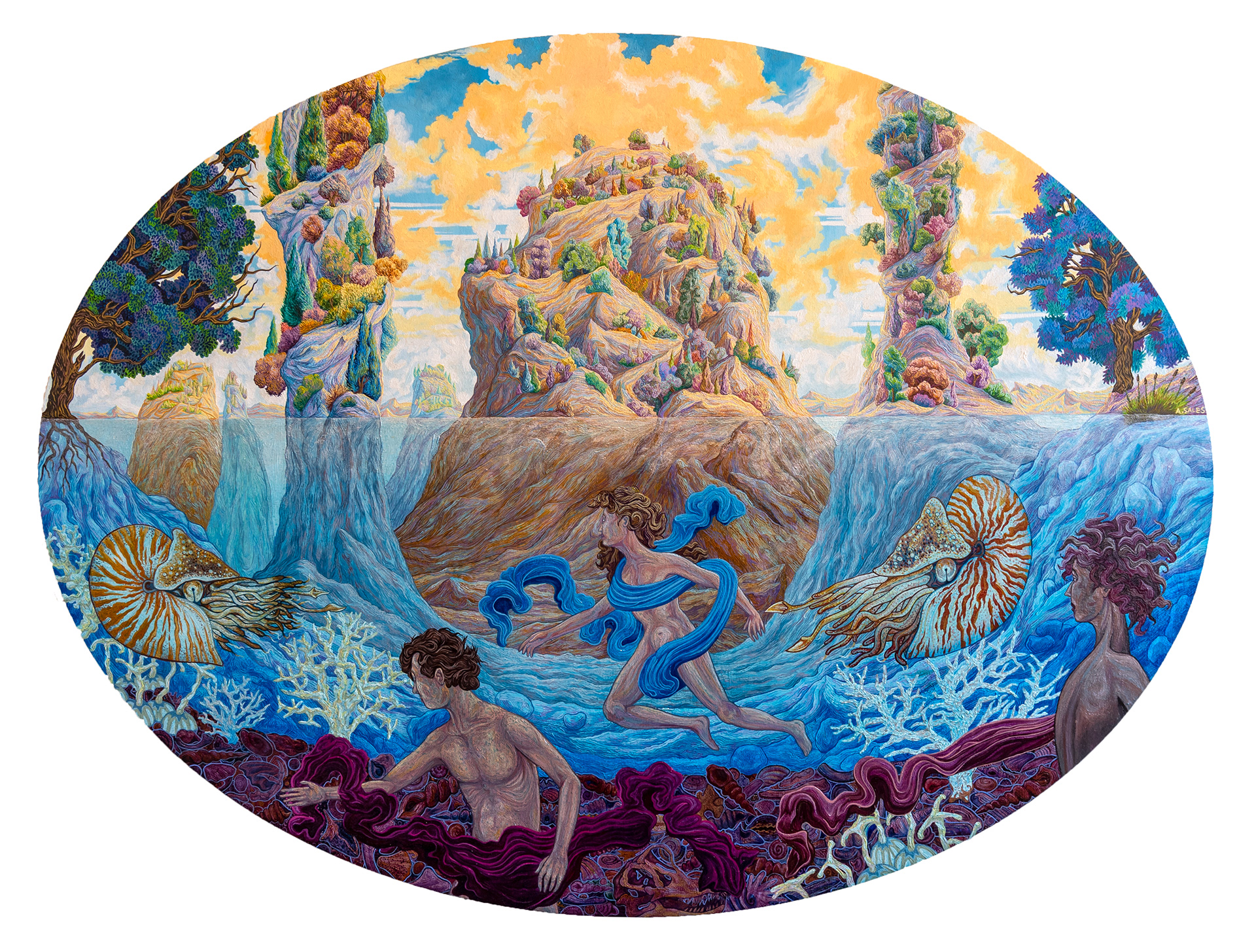 “MirrorClade (2021)”, Oil on wooden panel, (Panel is) 90cm Diameter, 150 X 120cm (framed) Andrew Sales www.andrewsales.net/ @iandrewsales The central message of the painting is that of respect and dignity in front of nature as the opposing forms of the mollusks and humans observe one another beneath the surface. Although entirely different biologically to their core, the two opposing 'Clades', invertebrates/vertebrates, humans and mollusks, are expressed as the same and equal in the face of the imperceptible spans of time from our earth's history. This leads onto the paintings second theme which is that of time and the tiny and fragile place of human beings in the cosmos. The surface of the painting is devoid of figures and suggests so much time may have passed even the tectonic forces that shape the surface world have evolved and changed. On the seafloor lies remains of prehistoric animals and dinosaurs to express extinction and its role in the long and slow processes of the planet that we cannot possibly witness. The bones and dead corals also signify our destructive affect on the planet but express the disquieting fact that the earth will remain long after we have gone. The title 'MirrorClade' is meant to convey these themes and say we are no more important than the invertebrates in the ocean or the many millions of species that have come before us. With my work I like the themes to be equally matched in the composition and technical painting processes I deploy in the piece. The oval board was selected as oppose to a panoramic rectangle in combination with the colour pallet to give a sense of the planet as seen from space. The central material concept that was the driving force behind the painting was that of opposing textures. I needed to express the theme of two things being different but inextricably linked and equal, so the very contrast of the surface world and underwater world had to be strong.