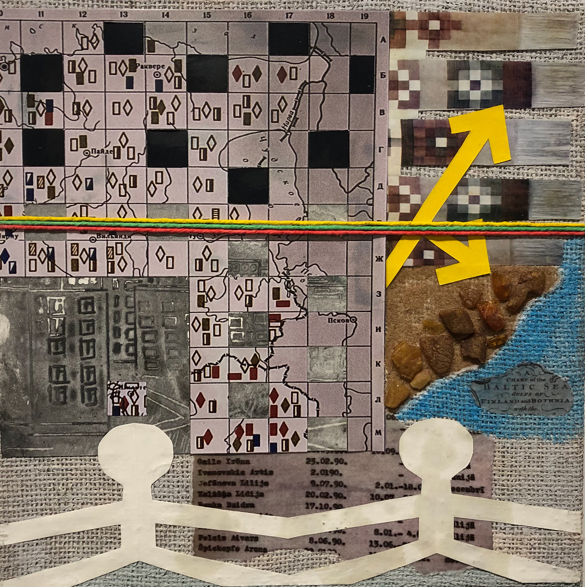 ‘’A Baltic Story IV’’ Alan Rutherford, mixed-media, 2020 “This is essentially a landscape and has all the elements that are found in a traditional landscape such as sea, land, buildings and people. However this particular landscape paints a picture of a specific turning point in history when the USSR collapsed and the former Soviet occupied countries gained their independence. The work was inspired by a visit to the Baltic states and researching this tumultuous period. In this landscape, there are stories of ordinary people and their desire for freedom. The visual aesthetics create a narrative of hope, unity, desire and freedom that is anchored down by a resilience that is both humble and inspiring. The materials used have been sourced from original found objects such as documents from the very first days of independence, ethnographical study maps of textiles in the Baltics, photographs taken from period books and also at site locations.” @alanrfineart
