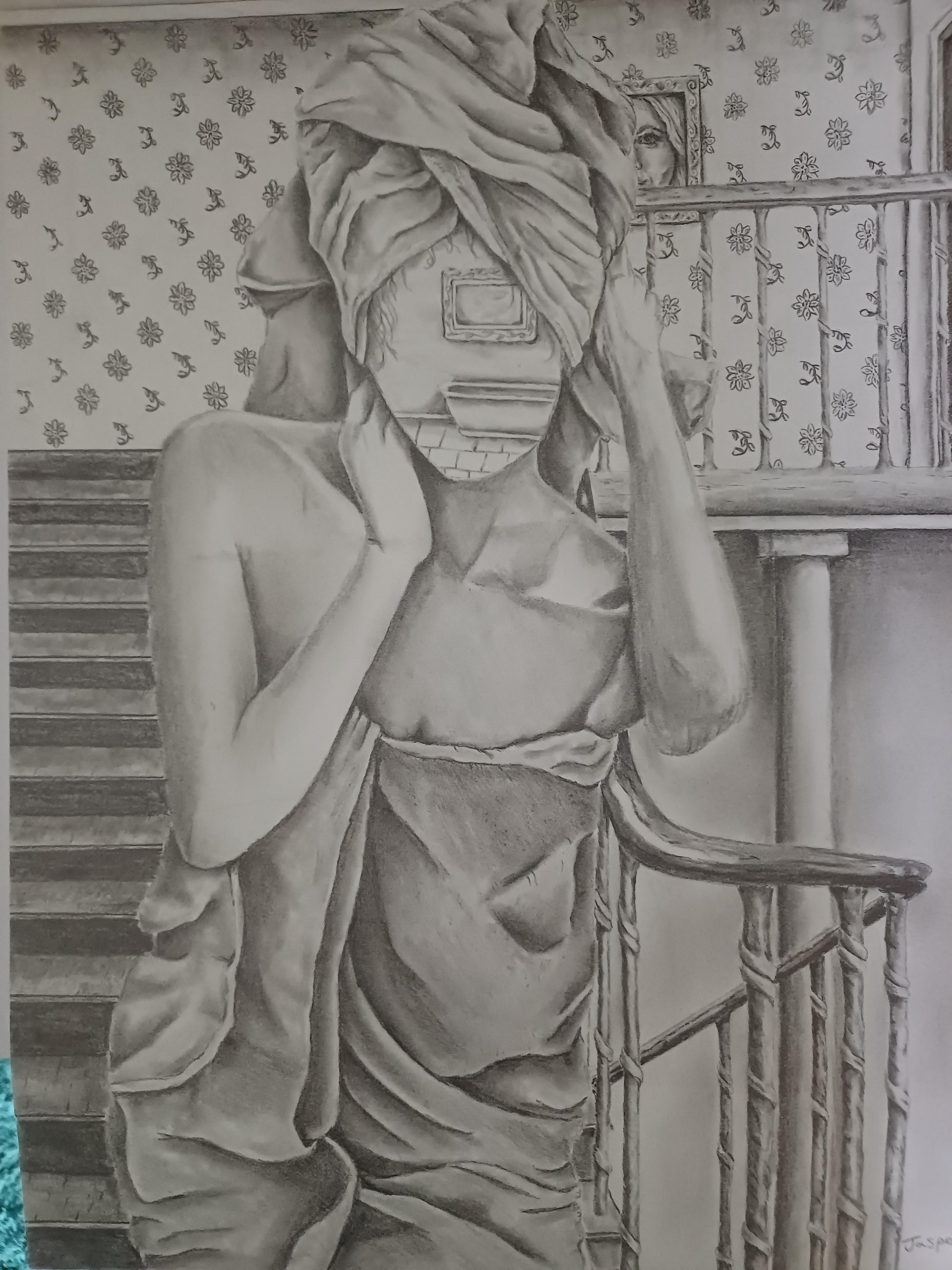 “Out of the bath” Jasper Oaks, pencil, 2024 “Pencil drawing of a faceless woman stood with stairs behind her. A towel wrapped around her body and one around her hair. Her face is replaced by the reflection of the bathroom behind you.” Oaksart.uk