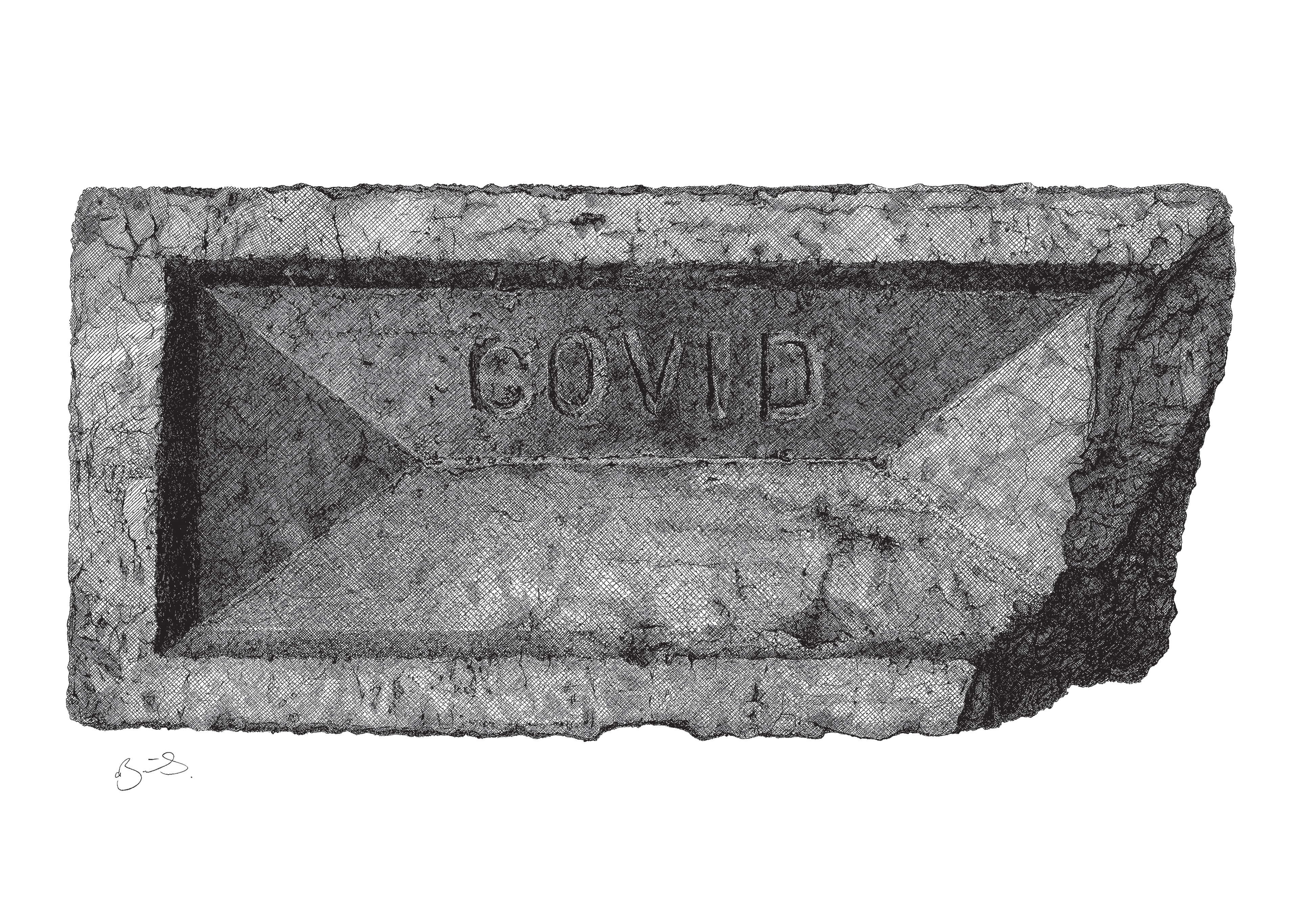 ‘’Brick’’ Christian Alexander Bailey. Ink and pen, 2020 ‘’Covid has had such a blunt and violent effect on any number of our social and intellectual constructs. As if someone had thrown a brick at it all and then absconded leaving the mess for us all to deal with.’’