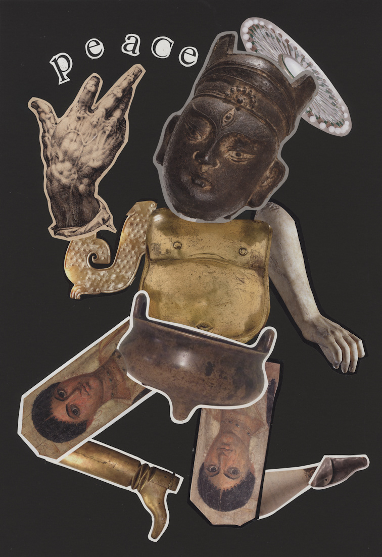 “Untitled” Kate Fallon-Cousins, Collage, 2025 “All my work is figurative and centres around a human character. They are constructed from parts somewhat like Frankenstein's monster. In the past I have made real assemblages from objects and I began to approach collage in the same way. Looking for arms legs and heads. I try to make them fresh and dynamic. Perhaps they are dancing or maybe falling with style. They often have halo's because they are aspirational and spiritual. They are made from antiques magazines and this gives me weird and wonderful objects. Beautiful colours and patterns. I prefer when they are on a white background. This gives the image a white outline which is very effective on a black background. I wasn't directly influenced by Giuseppe Arcimboldo however I am using the same artistic language that he created. All my work is dedicated to Peace. I realised that although I am poor in money I am rich in collage so I could use my art for good. I enjoy doing my version of anatomy. Although it is not necessarily realistic I enjoy finding hands and feet, I love thighs and calves, waists and pelvis. I actually gave the original to a charity shop in Wallasey village.” @Maximism.bsky.social 