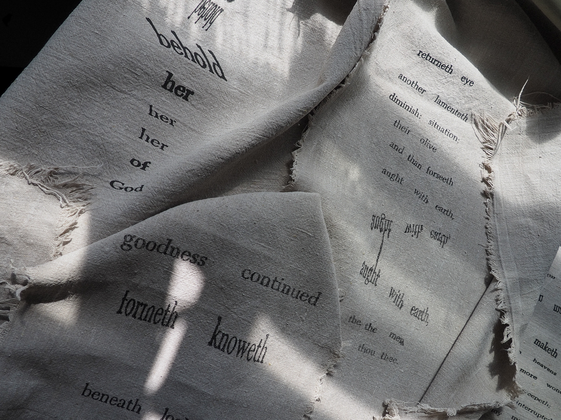 “Bioregional Dialect: Automatic Verse in Iron Gall Ink” Helen Armstrong, Textile/Screen-print/Pigment Making, 2026 “A selection from an extensive series of cut-up poems that have been screen-printed onto raw organic linen using a historically accurate adaptation of a 16th-century iron gall ink recipe.  (more info on my website https://helencarmstrong.com/projects/bioregional-dialect-iron-gall-ink and also https://helencarmstrong.com/projects/irongallink)  This work is a text-based inquiry that employs the cut-up technique and a combination of digital and analogue manipulation to destabilise and reconfigure an archaic text.  Utilising a re-creation of a historic ink made from locally foraged oak galls to carry the words, the process opens up opportunities for dialogue with unauthored voices. By deconstructing and reassembling source material, an opportunity arises to peer behind the veil between personal perception and non-human agency. Through this process, ultimate control over the outcome is surrendered to facilitate the becoming of chaos, randomisation, and the other, inviting the beholder to decode a broken language.” https://helencarmstrong.com 