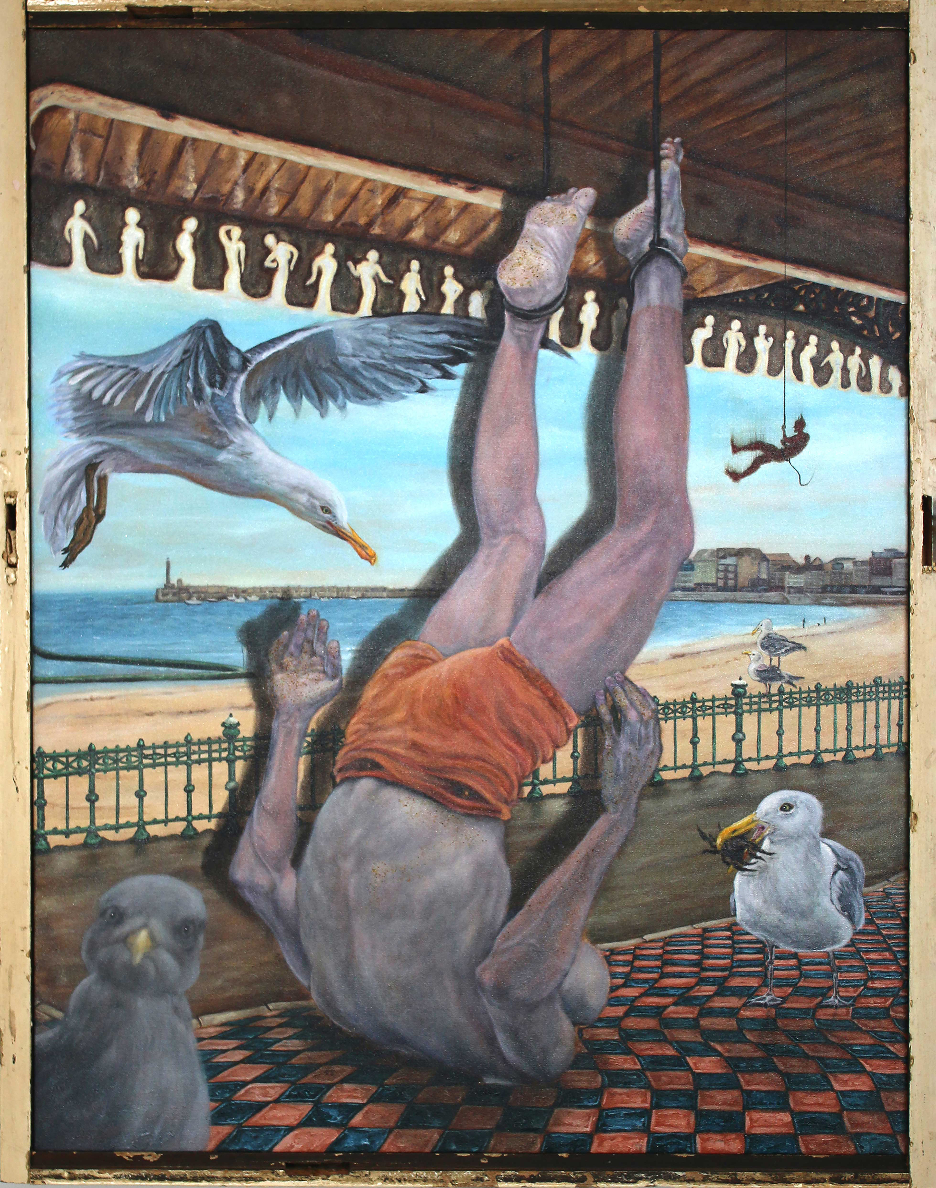 “Sing into Pain” Kieran Rook, oil on canvas, reclaimed sash window frame, sand from margate beach, 2026 “Rook’s psychologically layered, deliberately enigmatic works blur reality and fiction, past and present. In ‘Sing into Pain’, set at Nayland Rock promenade shelter in Margate, the inverted figure suspended beneath the shelter roof suggests a moment of psychic dislocation, vulnerability, and endurance. Seagulls, the open shoreline, and the distant trace of the built environment root the work in a recognisable coastal space, while also shifting it into something dreamlike and unstable. The title, with its suggestion of turning suffering into expression, resonates with the shelter’s association with T.S. Eliot and ‘The Waste Land’, drawing the painting into a space where personal anguish, cultural memory, and melancholic transformation converge.” kieranrook.com/ 