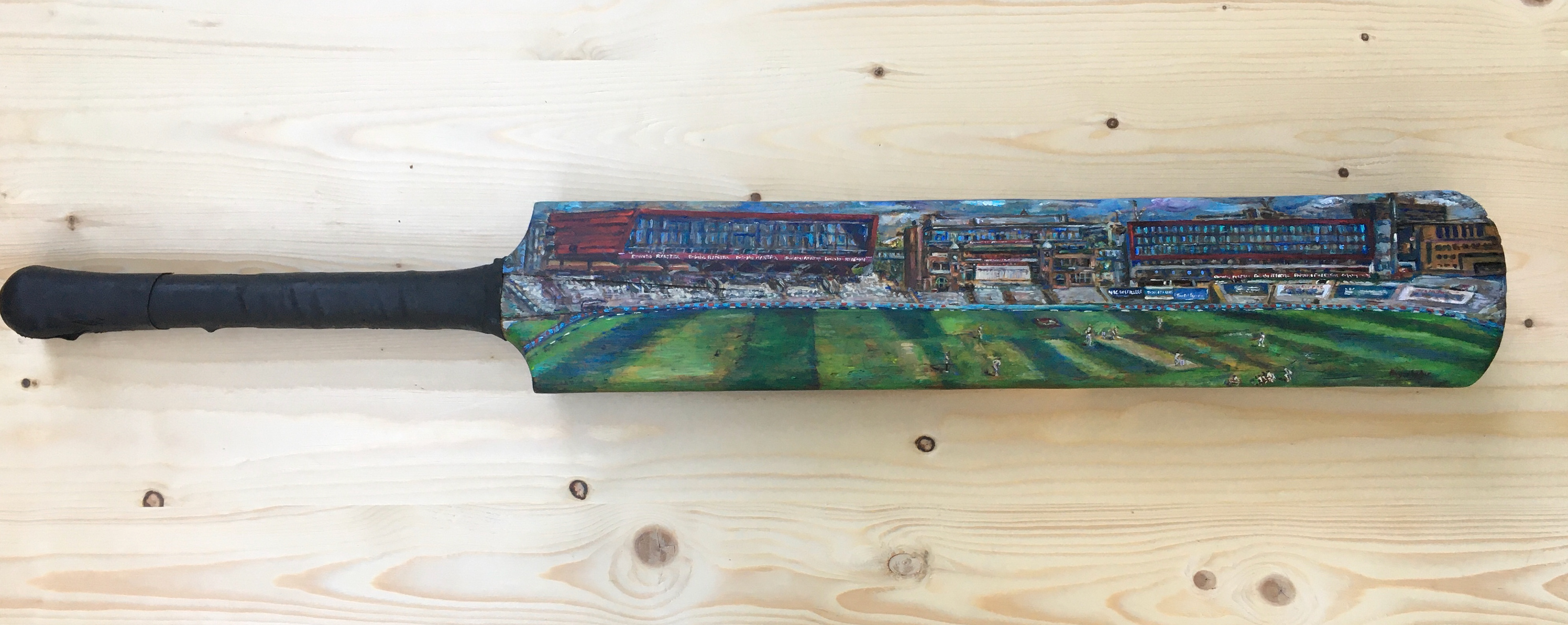 ‘’Test in a bubble’’ Freya Ryder, Mixed media (acrylic on cricket bat), 2020 ‘’Cricket behind closed doors: England vs West Indies Test Match at Emirates Old Trafford, 16-20th July 2020. Acrylic on cricket bat. Size: 85cm (including handle) Bat face width: 11.5cm.’’ www.freyayder.com Instagram: @freyaryder Twitter: @freya_ryder