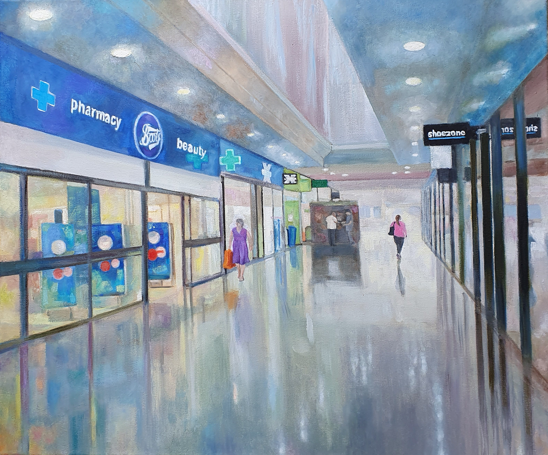 “The Pavilion” Imogen Perkin, oil, 2025 “I make paintings that depict landscapes of an expansive, man-made world. I'm not sure which I find more exciting - the abstract constructions around us, or the figures that inhabit them. It's the relationship between the person and the structure that makes the image come alive. I am interested in the massive structures of architecture and machinery around us, and the way man relates to them, negotiating their everyday lives amongst these dominating structures. They are part of the scene rather than the focus of it. Sometimes they are purposefully vulnerable. Mostly, they are purposefully insignificant. My protagonists can be down-at-heel, but I hope their presence transcends into something more significant. My paintings reference a painting tradition of depicting people living and working in the town and its surroundings. The ambivalence of this relationship between the city and her inhabitants seems as relevant as ever. The still image, be it through painting or photography can capture this instant, giving weight to a moment and sense of place. This image, "The Pavilion", is a painting of our local shopping centre. Two figures are passing through, one on their way to the exit and outside. Another is minding a stall. They inhabit a space that might otherwise be described as liminal. I found the shimmering reflections of the highly polished surfaces give an ethereal and unworldly air to what is, in reality, a very ordinary shopping mall. Dreams are invested in the things we shop for, and I hope this picture reflects this.”