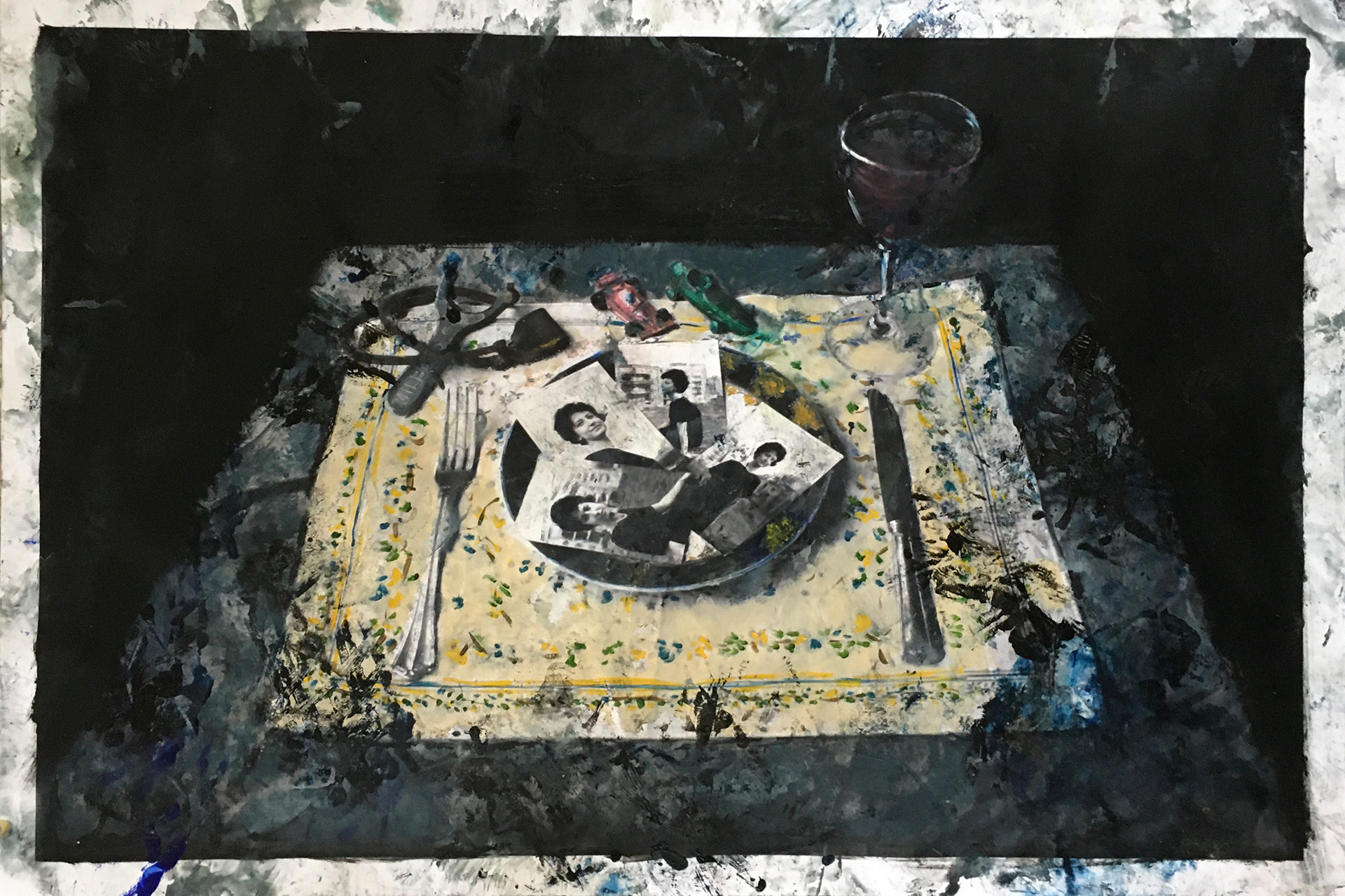 “Food for Comfort”, Water-based oils, acrylics and wax on print, 96x65cm Francesca Alaimo www.francescaalaimoartist.com @francescaalaimoartist This piece revolves around the sense of loss and longing that I have been experiencing during this pandemic. Memories, scents and emotions from the past filled my days and made it hard to navigate the sense of missed opportunities. Most of the objects in this piece belonged to my mother, whom I lost some years ago, and to myself when I was a child. I felt that I needed to feed on those beloved memories in order to embrace and process my grief. I began to create compositions that would act as a transcript of my mental and emotional associations of past and present, like a fabricated memory shot that would provide momentary sustenance.
