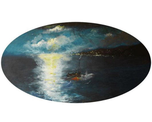 “Night Fishing” Acrylic on recycled wood, 110cm x 60cm. Mark Noble Art. https://marknoble.art/ Part of the 'Driftwood Collection' - paintings on recycled materials such as wood, bark, discarded tiles and even old coffee table tops ('Night Fishing' is an example of this!)