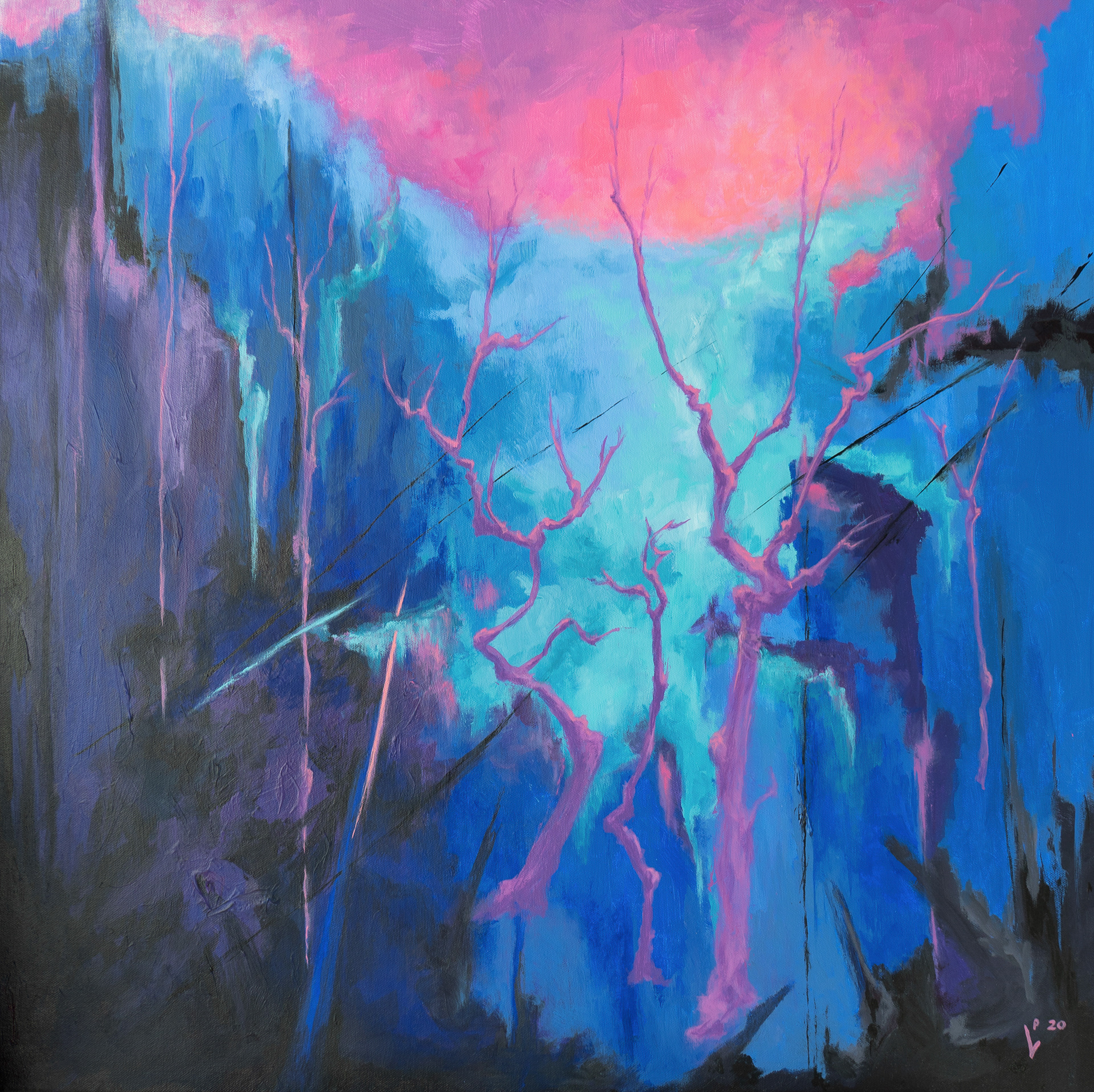 ‘’Cascade’’ Laura Parker, Acrylic on canvas, 2020 ‘’ “Cascade” combines a feeling of reality with that of abstraction. The viewer is drawn in by the receding blues, but there is a feeling of slight disorientation created by the ungrounded trees. I gave the work the sense of depth and recession that you feel as you view a landscape, but the world I have created is not a place you would recognise as ‘natural’. I used a relatively narrow palette of acrylic colours for this painting, and built the background up slowly, merging and blending the blues, purples and blacks. The focal ‘horizon’, where the lightest and brightest colours meet, is balanced by subtle diagonals that move your eye around the painted surface. My aim as a painter is to express the hidden beauty I find in objects and scenes, offering the viewer a personal interpretation of the world where our individual sensibilities might meet. This landscape painting embraces a sense of spirituality, and a love of colour as well as a passion for paint itself. Although nature remains fundamental to my practice, this work shows a personal perspective and vision.’’ Instagram & Twitter: @lauraparker_uk Facebook: @laura.parker.artist LinkedIn: https://www.linkedin.com/in/lauraparkerart/