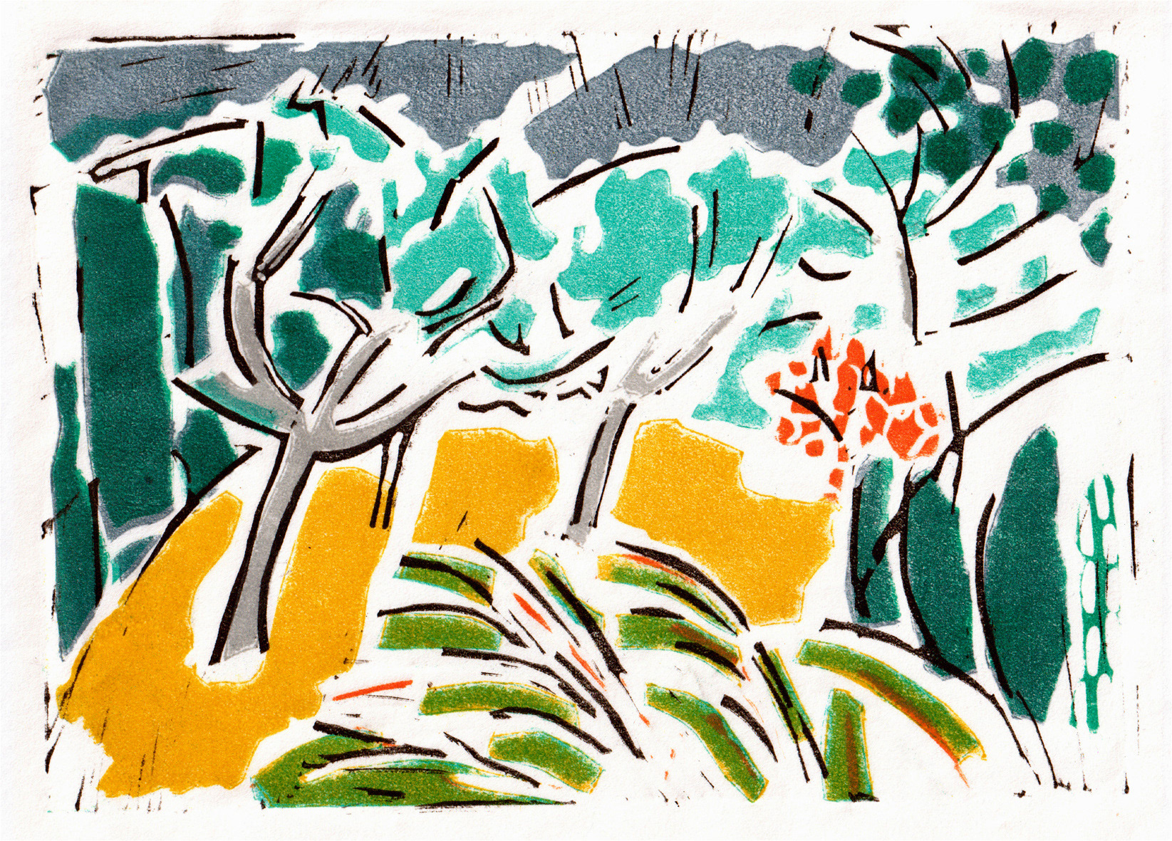 ‘’ in the back garden’’, Sally Parkin, lino, 2020 ‘’ in the back garden’’ @sallyparkinart